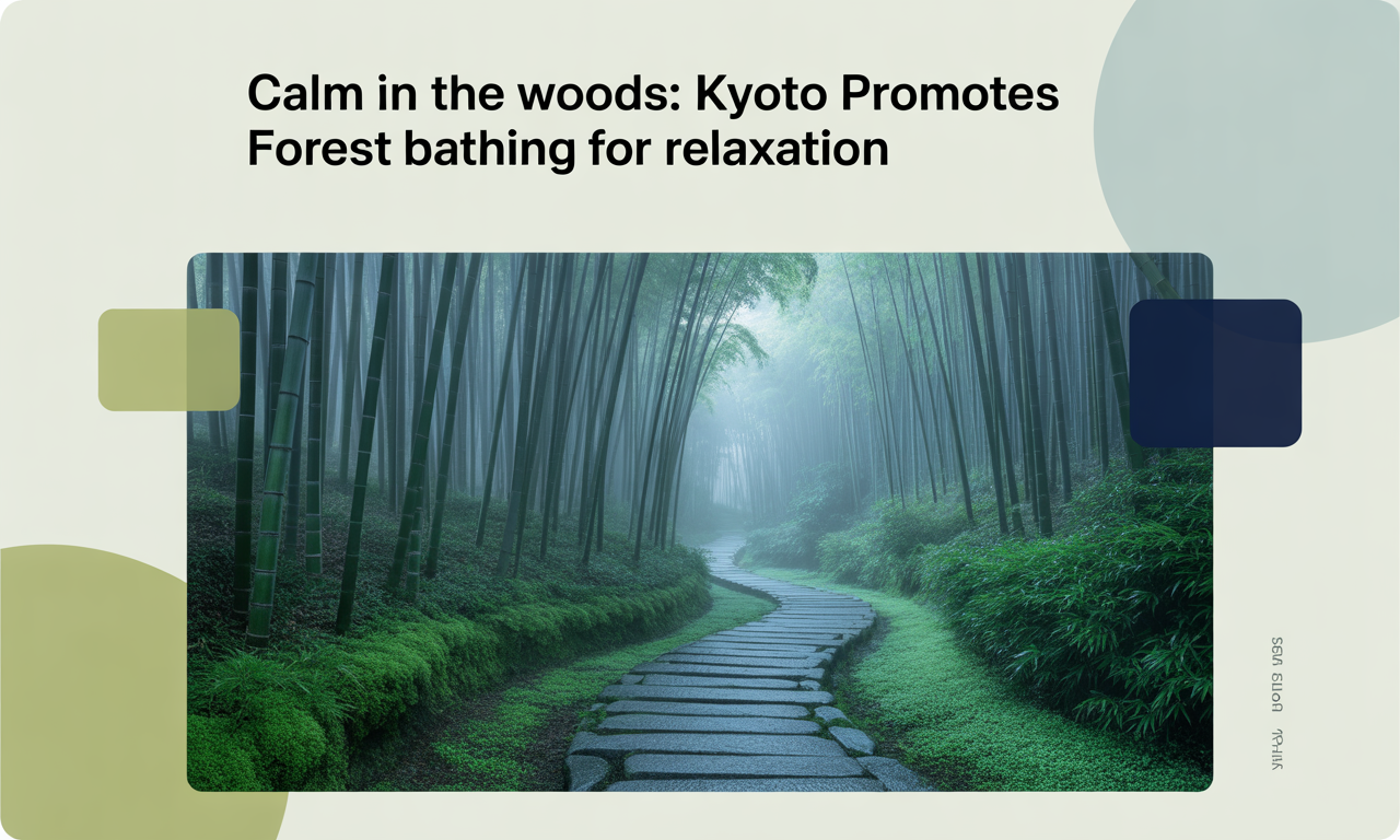 Wide banner image of a Kyoto forest path promoting Kyoto forest bathing for relaxation, with brand colors and professional design elements.