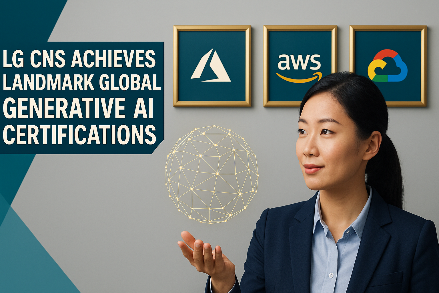 Professional businesswoman with holographic globe and cloud provider logos, representing LG CNS generative AI certifications achievement.