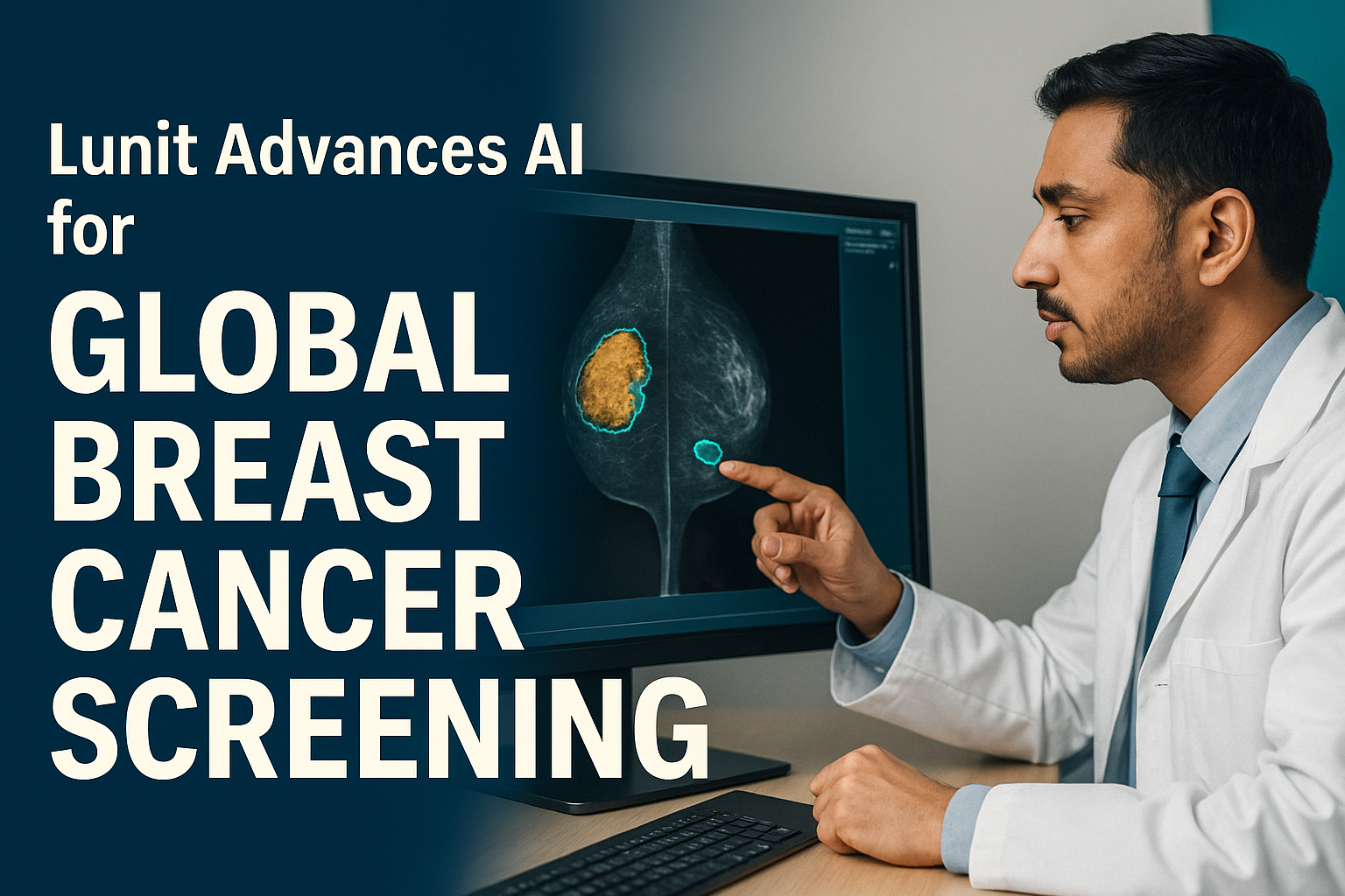 Photographic banner for article on Lunit AI breast cancer screening, showing a doctor in a white coat analyzing a mammogram with AI-highlighted areas in teal and gold, alongside bold title text, in navy blue, soft gold, light gray, and teal tones.