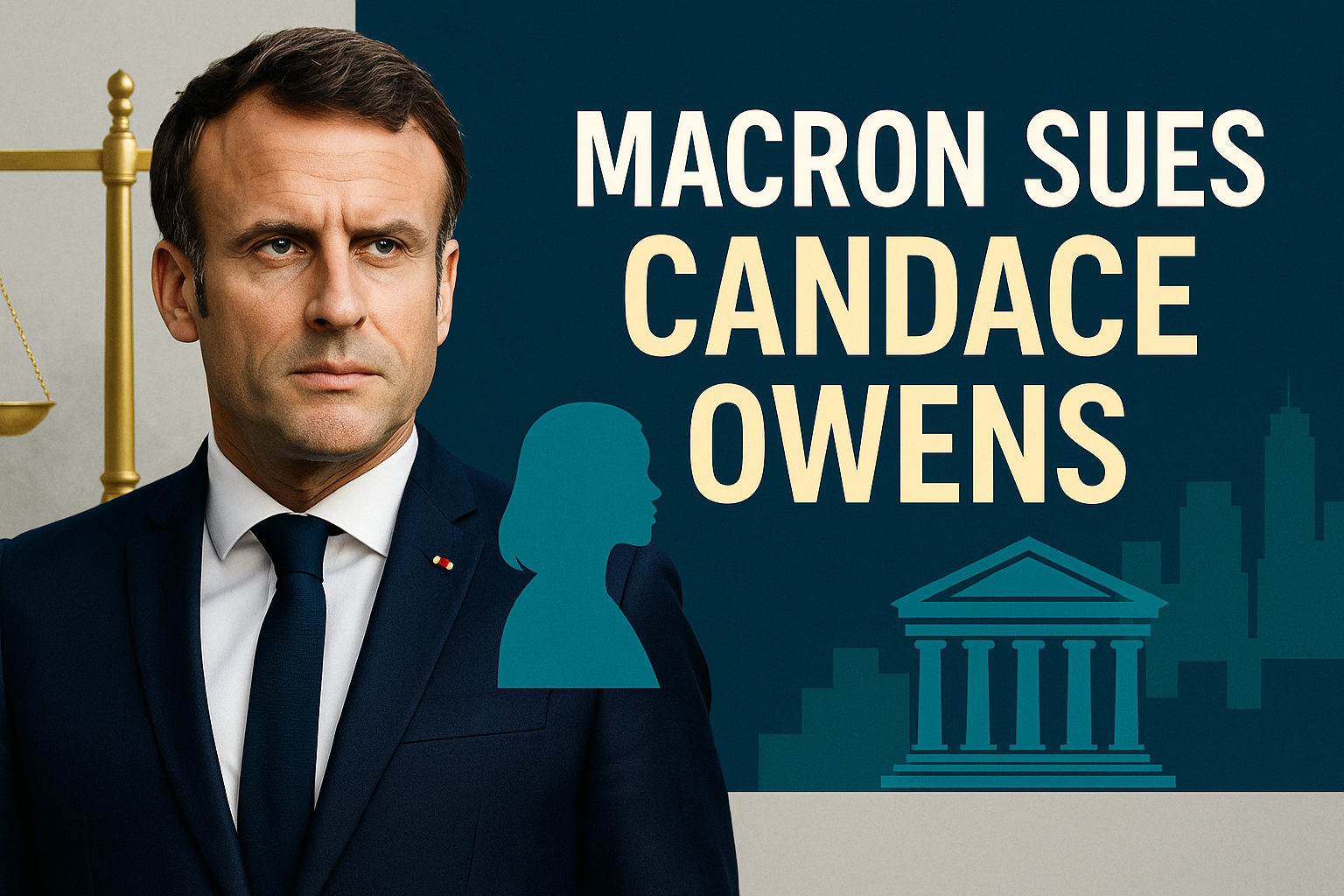 Banner image for article titled "Macron sues Candace Owens," featuring Emmanuel Macron with a justice scale, courthouse, and silhouette graphic in navy, gold, light gray, and teal.