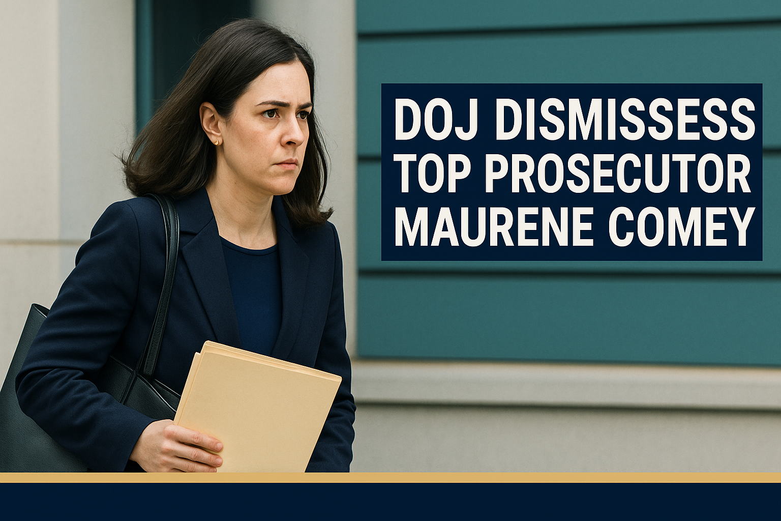Banner image for article on Maurene Comey DOJ Firing, showing professional woman walking outside federal building with headline text overlay in navy and soft gold.