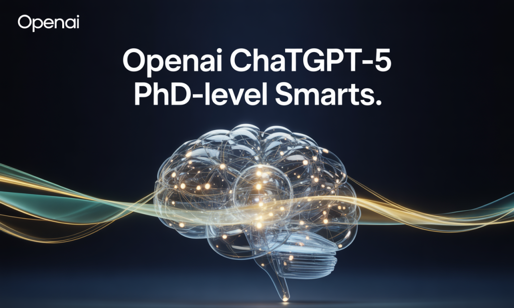 Wide banner image for article about OpenAI ChatGPT-5 PhD-level smarts, featuring AI and digital technology visuals in navy, gold, gray, and teal.