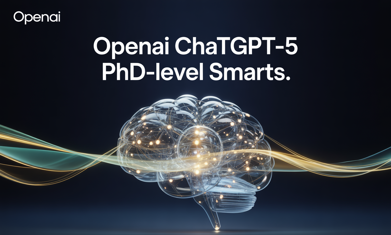 Wide banner image for article about OpenAI ChatGPT-5 PhD-level smarts, featuring AI and digital technology visuals in navy, gold, gray, and teal.