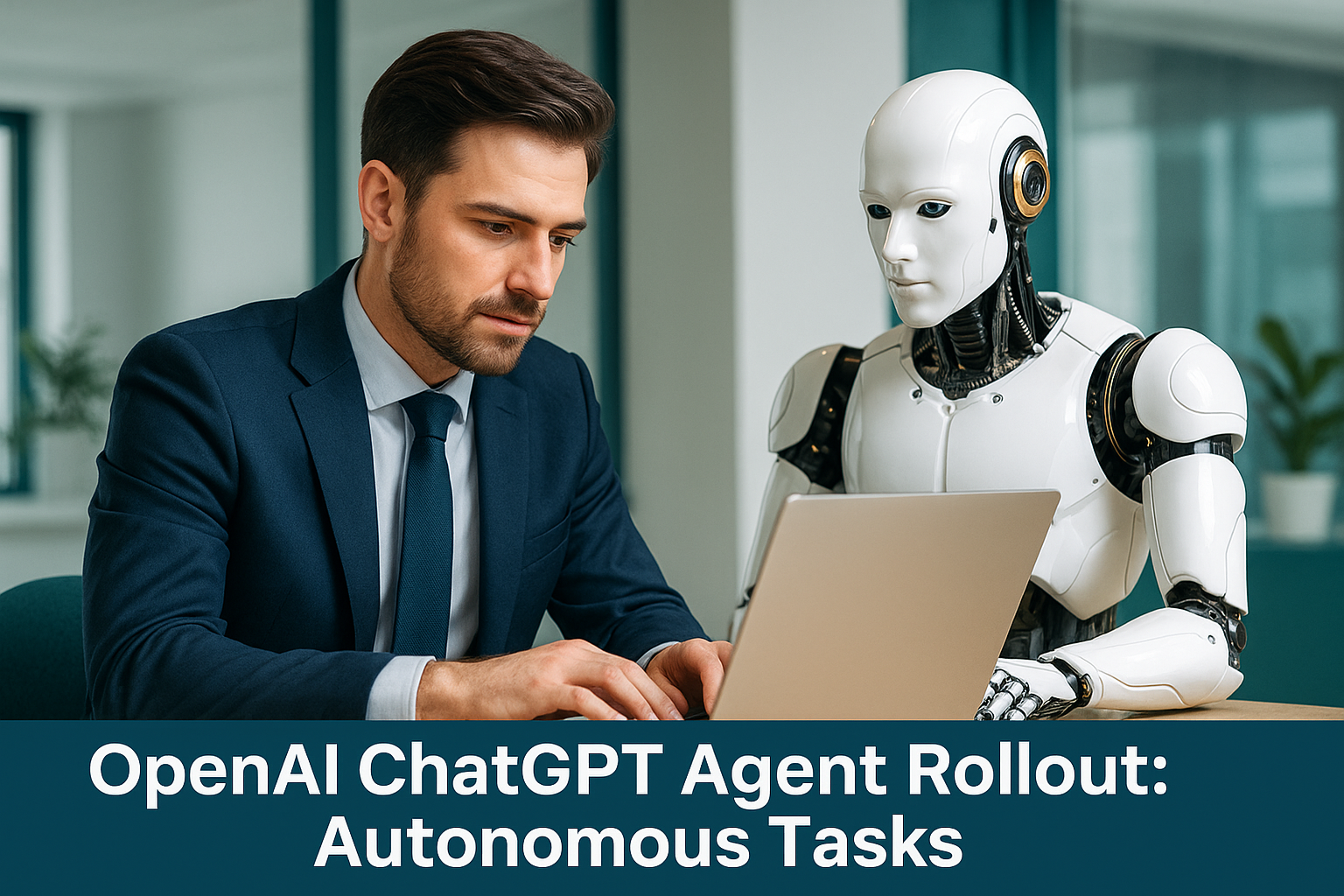 Wide banner image showing a professional man in a navy suit working on a laptop with a humanoid robot beside him, symbolizing the OpenAI ChatGPT Agent rollout autonomous tasks in a modern office.