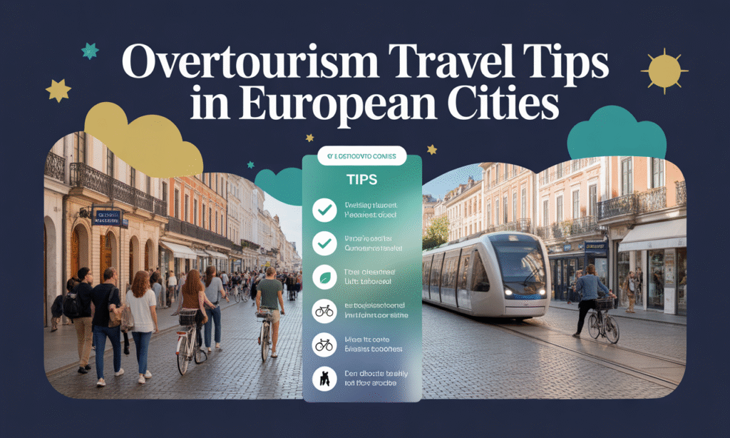 Overtourism travel tips banner image of European streets with sustainable travel icons.