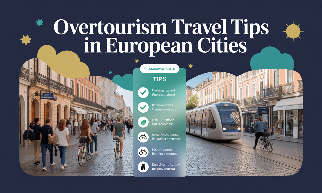 Overtourism travel tips banner image of European streets with sustainable travel icons.
