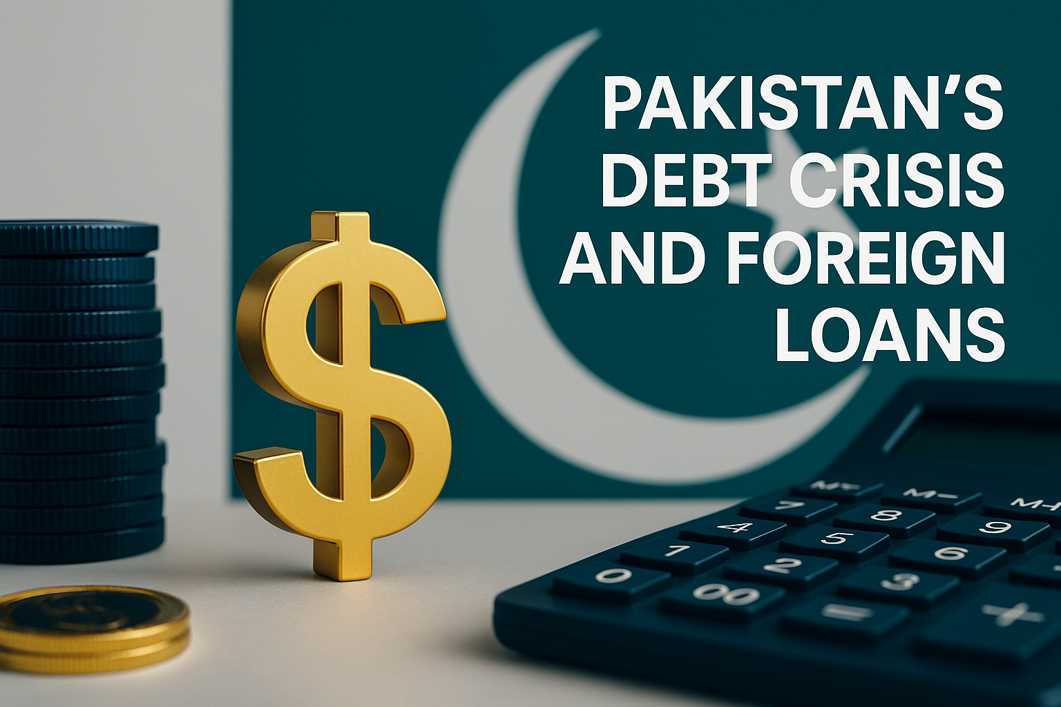 Pakistan debt crisis and foreign loans visual showing gold dollar sign, navy blue coins, and Pakistan flag backdrop symbolizing economic challenges