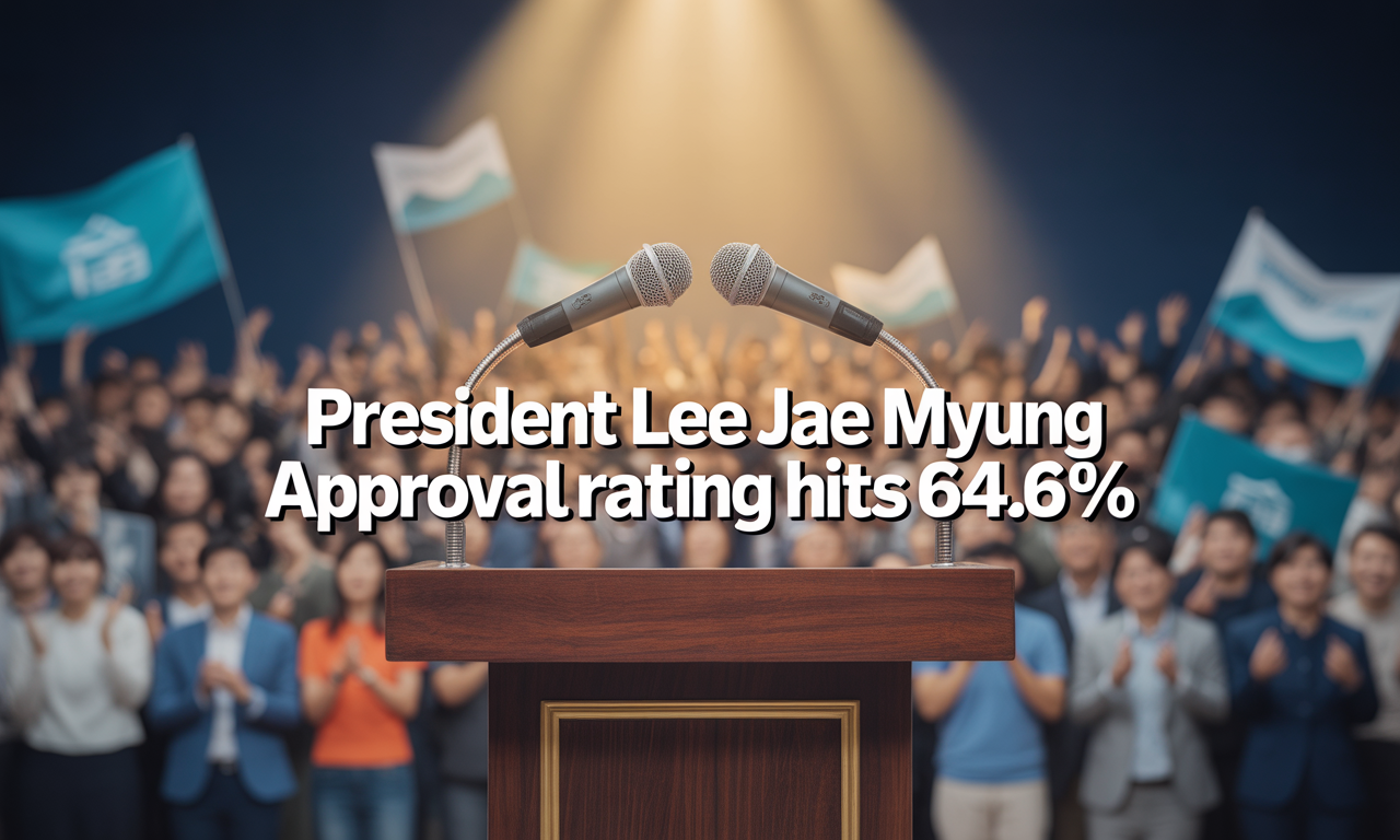 Banner showing podium with microphones and rising approval symbols in navy and gold – President Lee Jae Myung approval rating