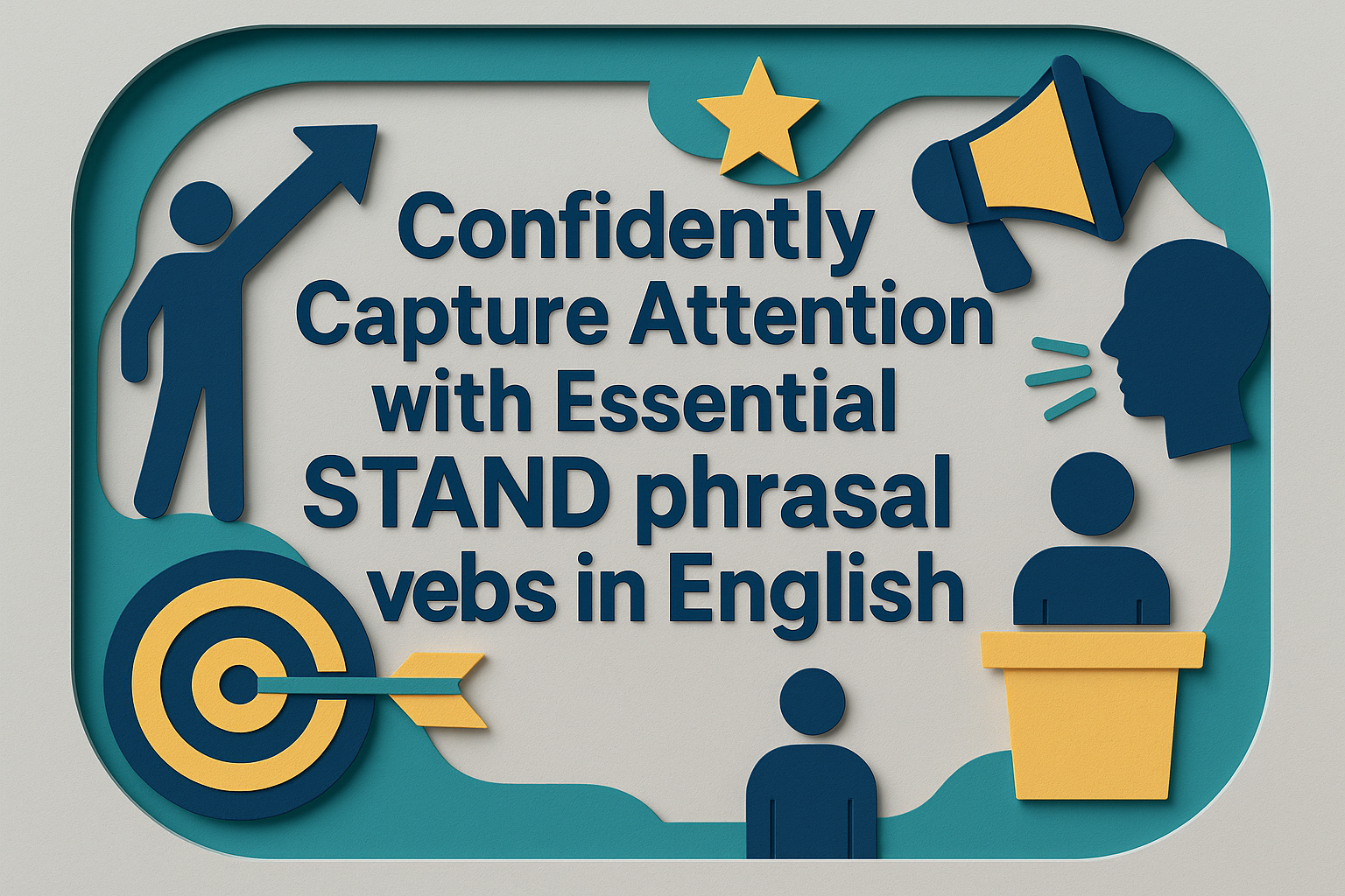 Wide banner illustration featuring layered paper cut design in navy, teal, and soft gold with the text “Confidently Capture Attention with Essential STAND phrasal verbs in English,” symbolizing effective communication and learning STAND phrasal verbs in English.
