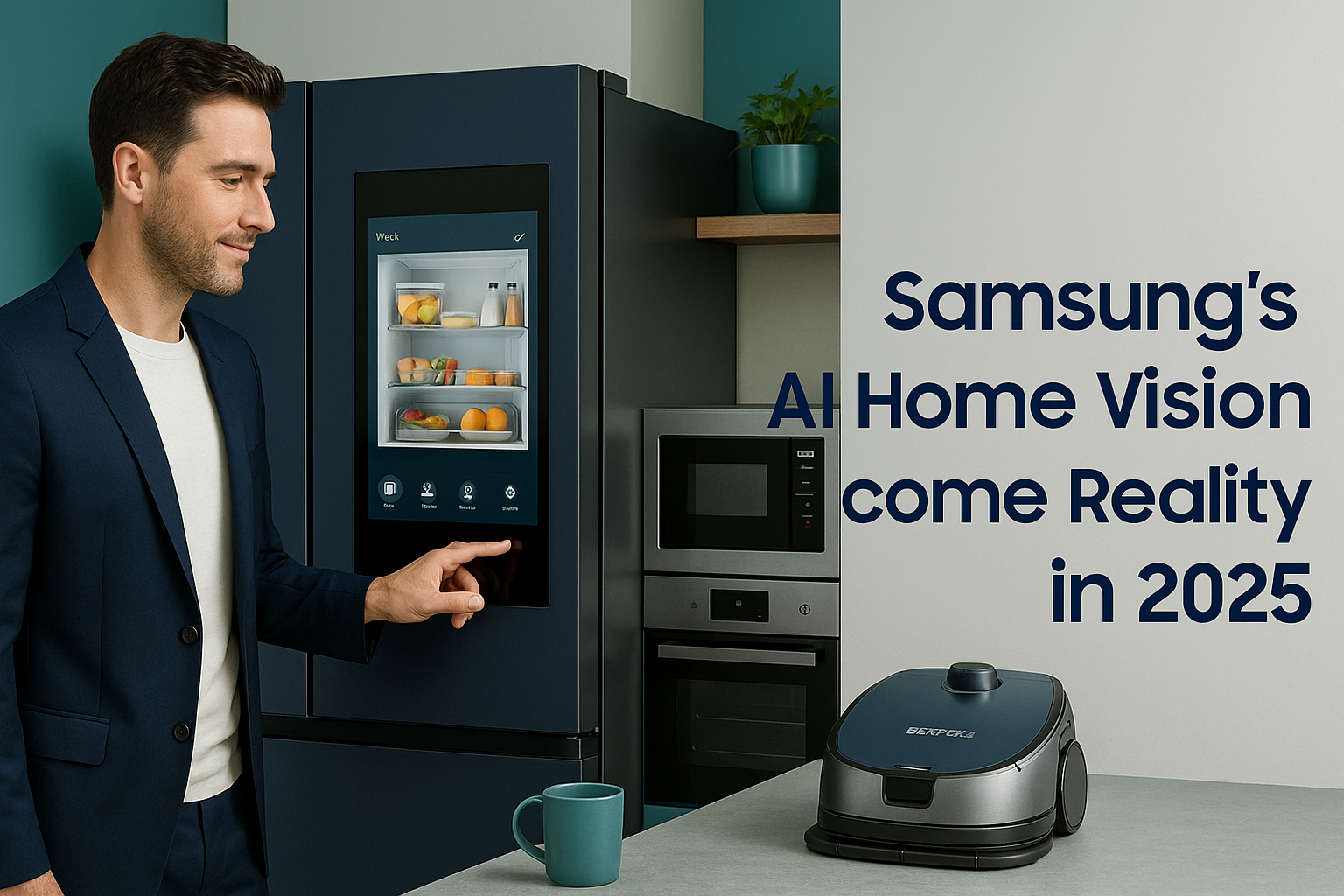 Banner showing Samsung AI Home Appliances in use, including a smart refrigerator and AI vacuum, highlighting Samsung's AI-powered Bespoke lineup for 2025.