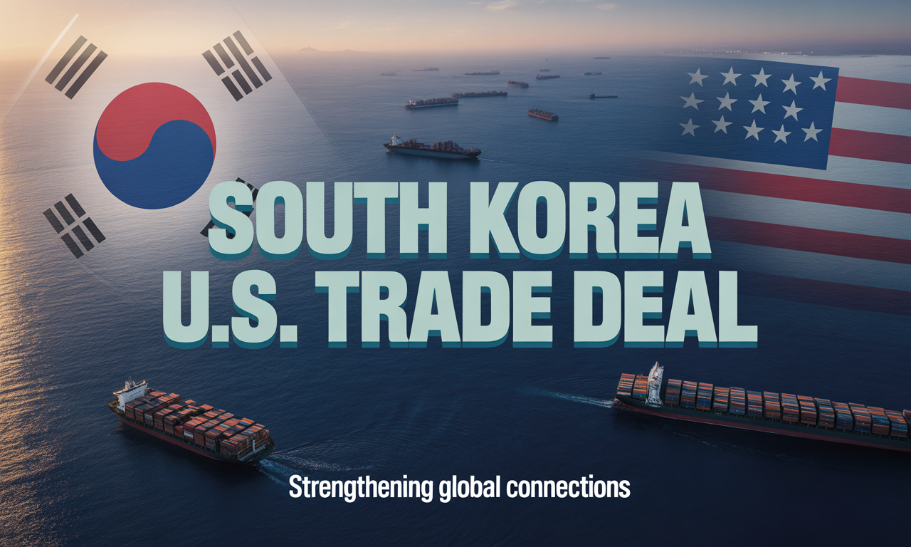 Wide banner image with shipping containers and blended South Korea–U.S. flags, symbolizing the South Korea U.S. trade deal.