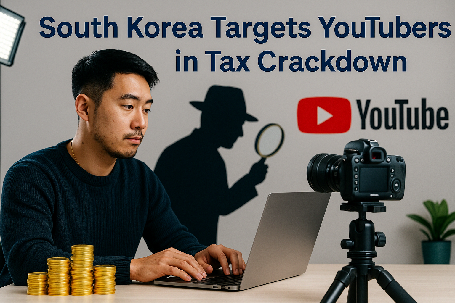 Photographic-style banner for article on South Korea YouTuber tax crackdown, showing an East Asian YouTuber at a desk with gold coins, a camera, and the silhouette of a tax inspector with a magnifying glass, in brand colors.