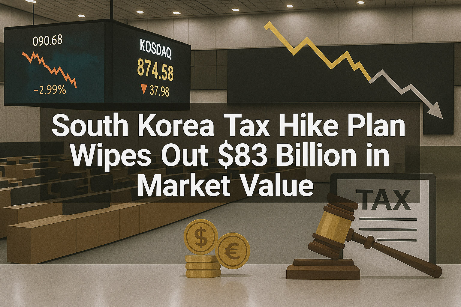 A wide photographic business-themed banner for the headline “South Korea Tax Hike Plan Wipes Out $83 Billion in Market Value.” Use brand colors: Primary Navy Blue (#001F3F), Accent Soft Gold (#FFD700), Backgrounds Light Gray (#D3D3D3) and Teal (#008080) highlights. Fonts: Roboto Bold for the title. Center the text both horizontally and vertically so it is fully visible. Visual elements should combine a South Korean stock exchange trading floor, financial charts in decline, and a symbolic representation of corporate tax (e.g., tax forms, gavel, or coins). Ensure the title is clear and prominent, with balanced spacing around it.