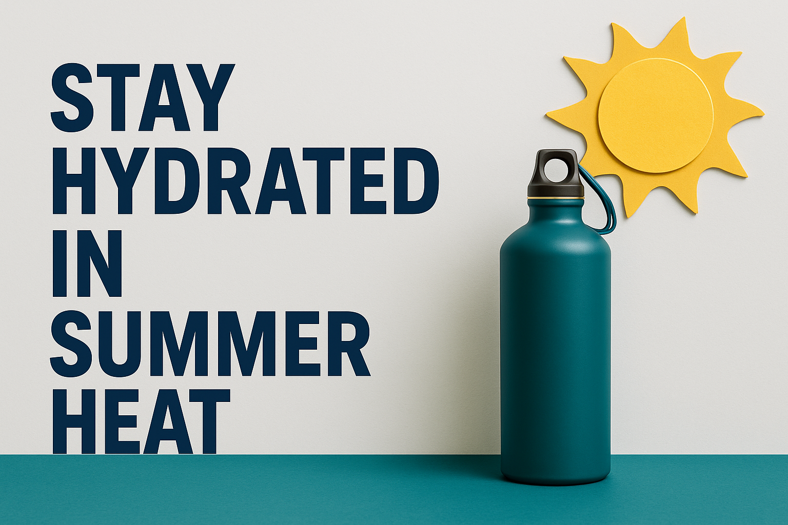 Photographic-style banner for “Stay Hydrated in Summer Heat” showing teal water bottle, golden sun, and navy text in brand colors.