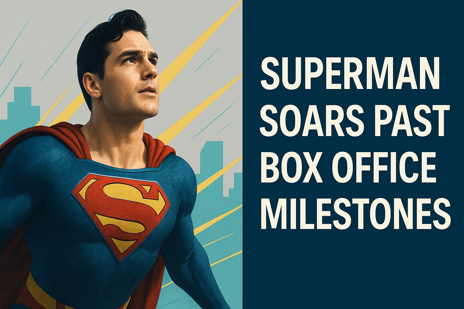 Banner image for article titled "Superman Movie Box Office Success: Soars Past Milestones," featuring Superman against a teal and light gray cityscape background with navy blue and soft gold accents.