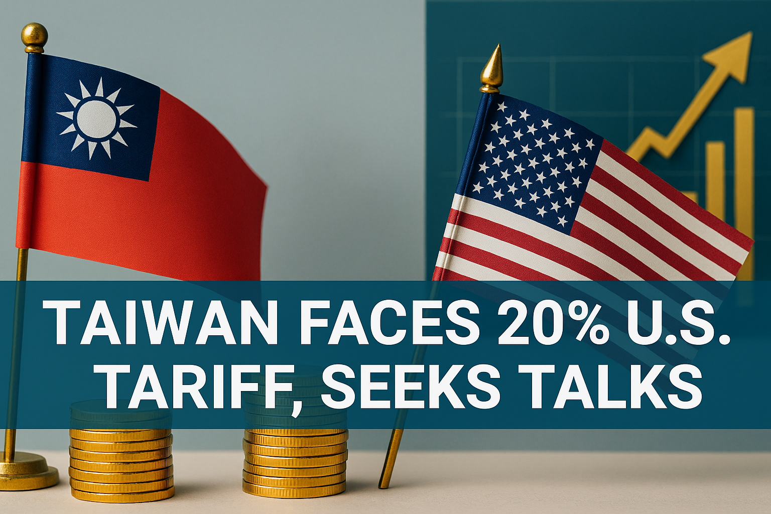 Wide photographic banner for “Taiwan US tariff” showing Taiwan and U.S. flags, gold coins, and a rising chart symbolizing trade negotiations and economic impact.