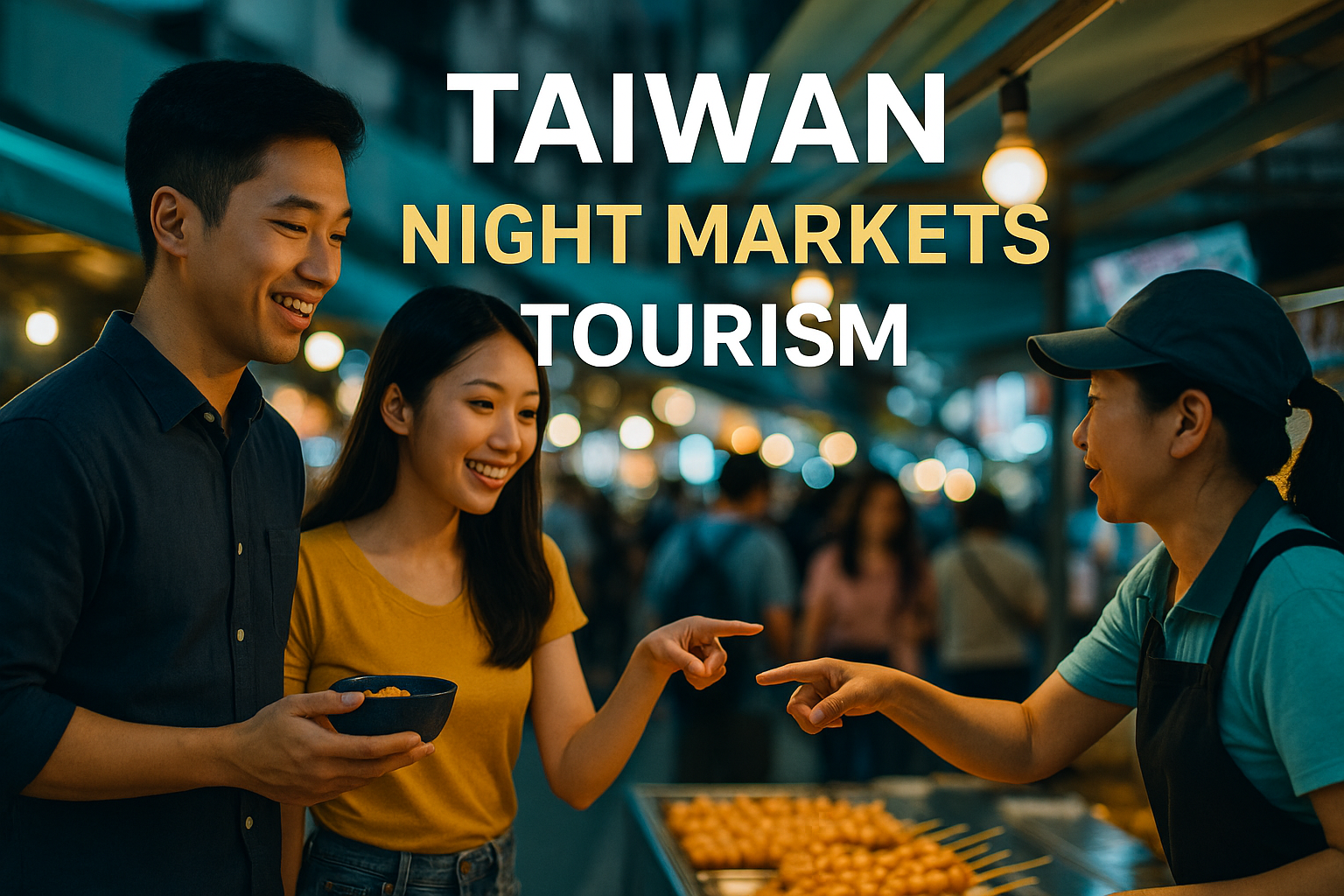 Photographic banner for article on Taiwan night markets tourism, showing a smiling couple interacting with a vendor in a brightly lit night market, with navy blue, soft gold, light gray, and teal accents.