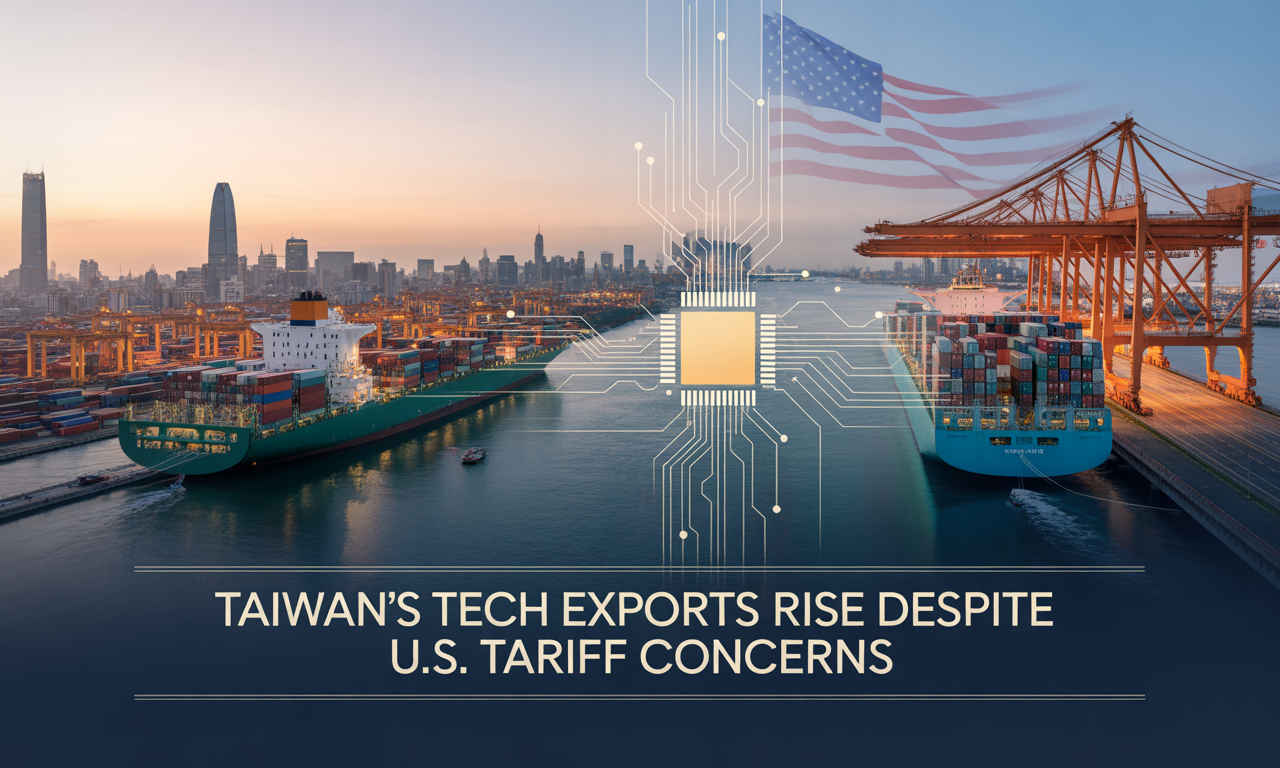 Wide banner showing Taiwan tech exports U.S. tariffs impact with containers, skyline, and digital chip overlays.