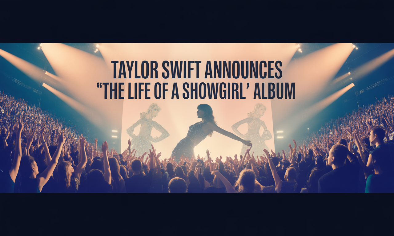 Wide banner image of a concert stage promoting Taylor Swift’s “The Life of a Showgirl” album, with brand colors and glamorous design.