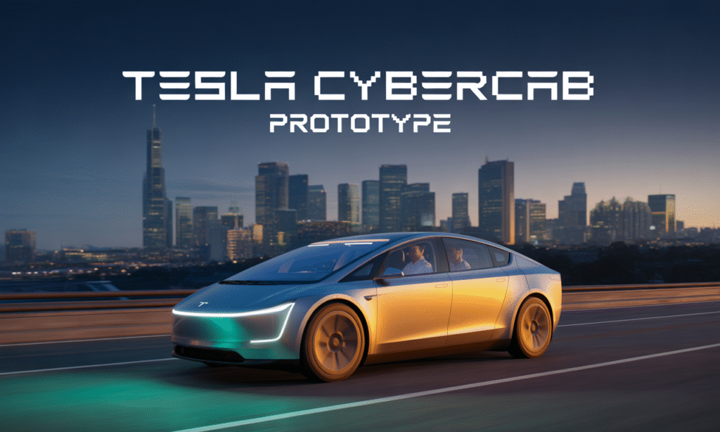 Banner image of Tesla Cybercab Prototype autonomous vehicle driving in futuristic city.