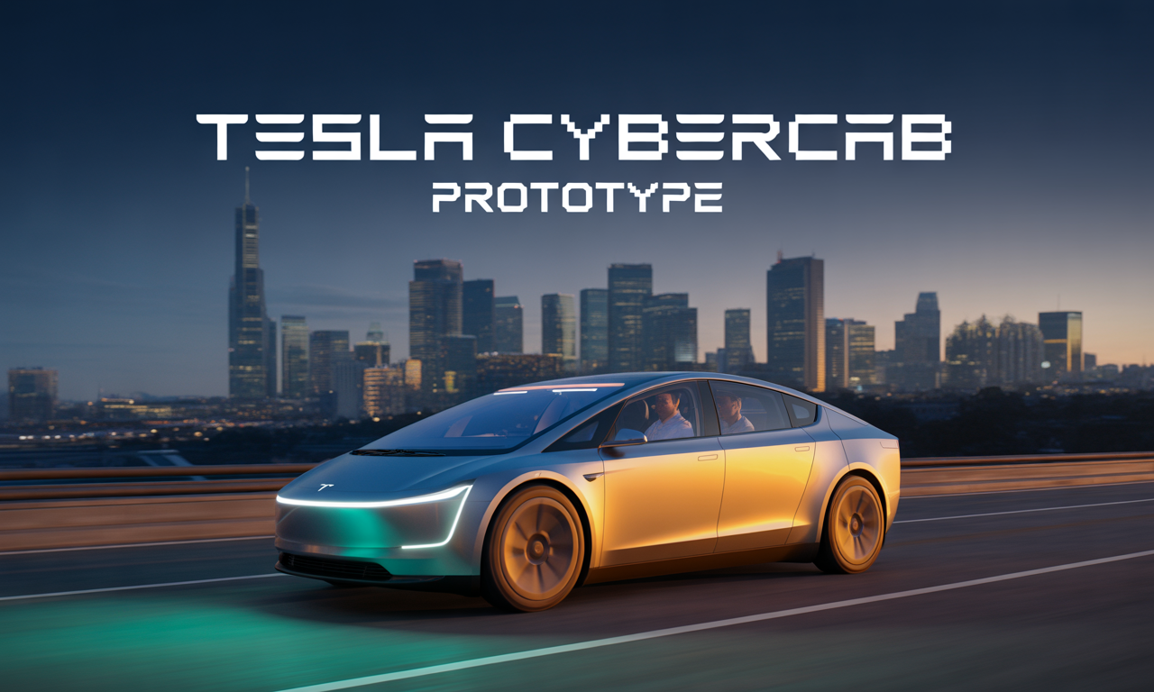 Banner image of Tesla Cybercab Prototype autonomous vehicle driving in futuristic city.