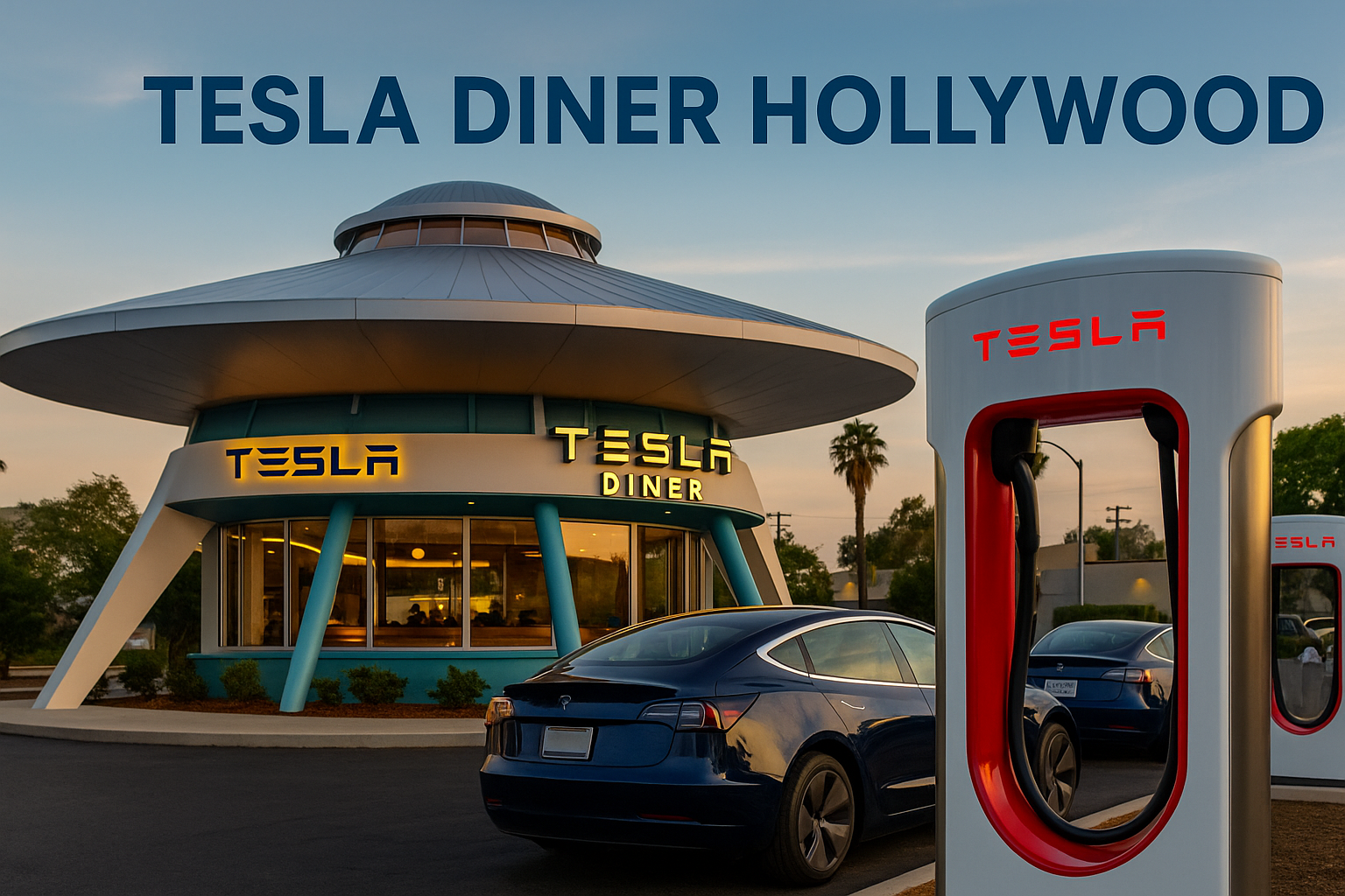 Photographic banner of Tesla Diner Hollywood with retro-futuristic design and Tesla Supercharger stations, set against a dusk sky in brand colors.