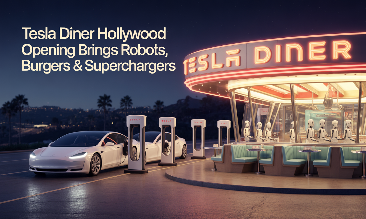 Banner image for “Tesla diner Hollywood opening” featuring neon diner lights, EV charging, and humanoid robots serving customers.
