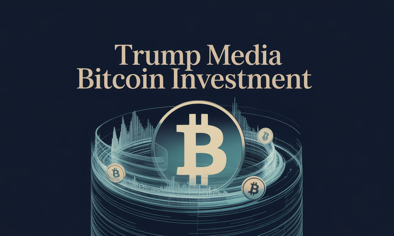 Wide banner image for article about Trump Media Bitcoin investment, featuring Bitcoin and finance visuals in navy, gold, gray, and teal.