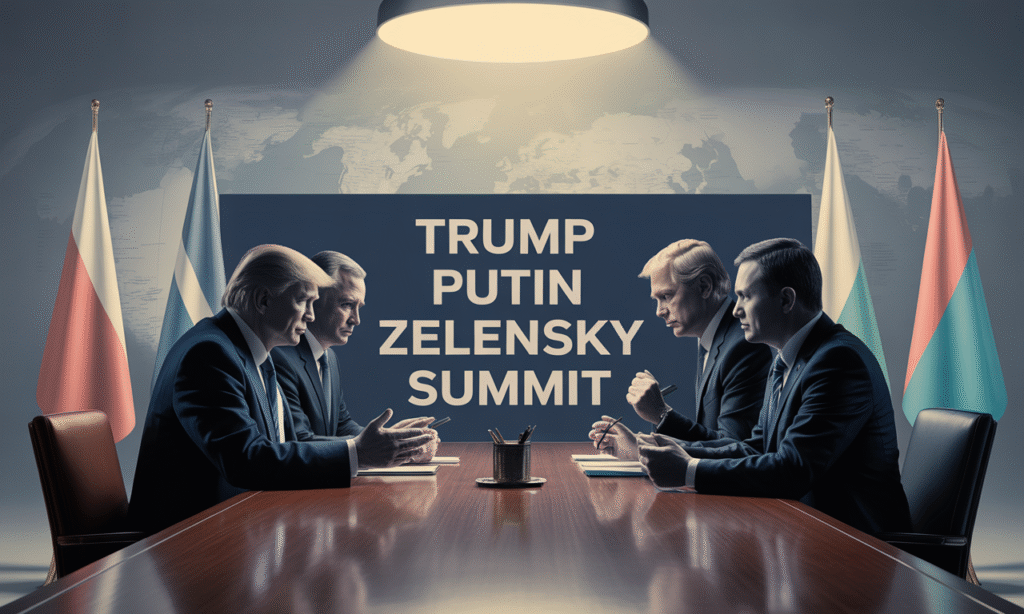 Wide banner image showing a diplomatic meeting setup with leaders, symbolizing the Trump Putin Zelensky summit negotiations