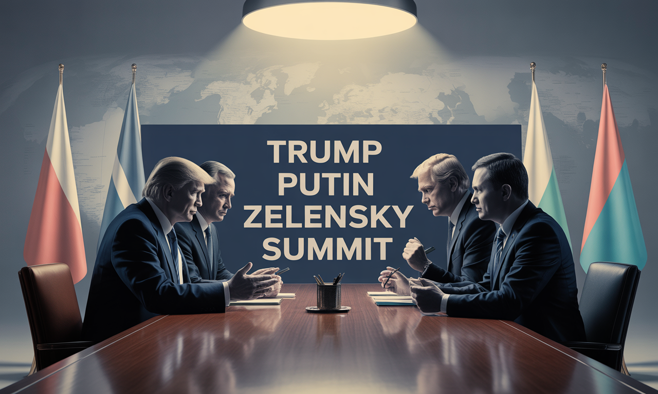 Wide banner image showing a diplomatic meeting setup with leaders, symbolizing the Trump Putin Zelensky summit negotiations