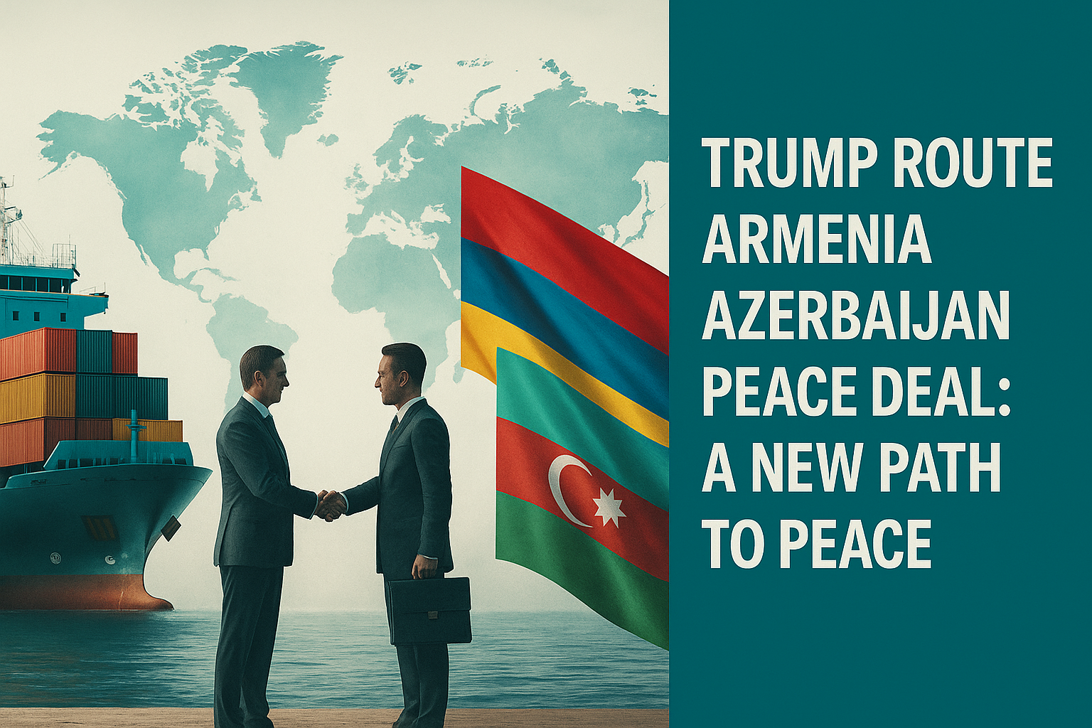 "Trump Route Armenia Azerbaijan peace deal banner in navy blue, soft gold, light gray, and teal, showing business and diplomacy themes."