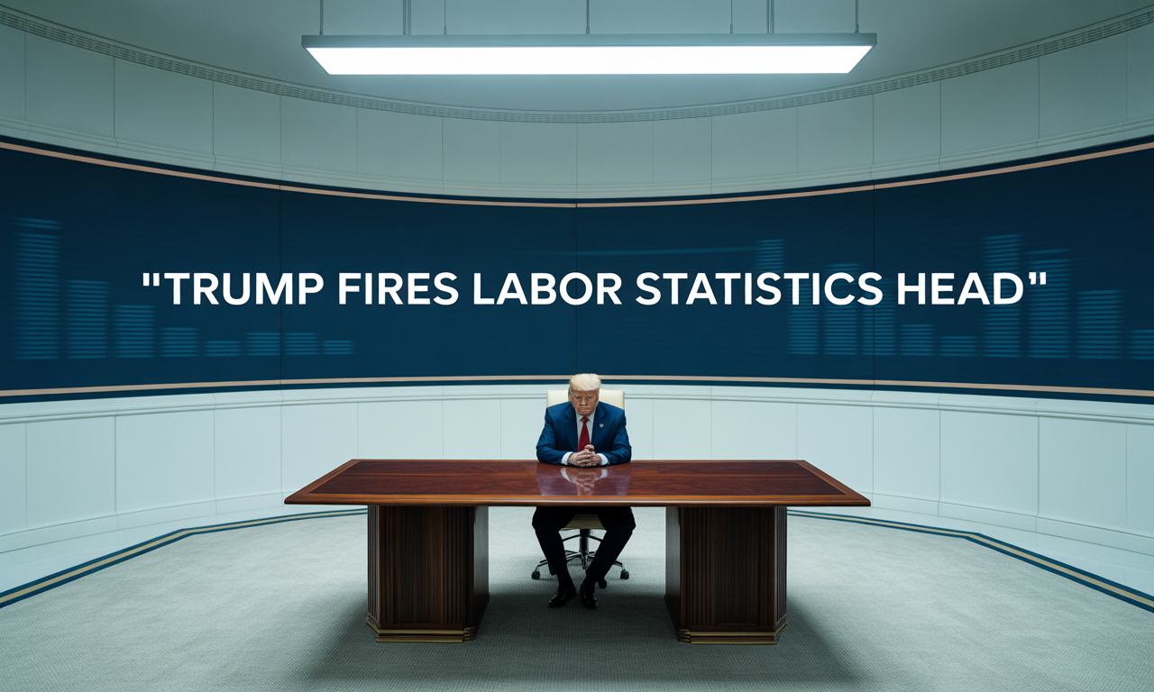 Banner showing office chair and labor data graphs with navy and gold tones – Trump fires labor statistics head