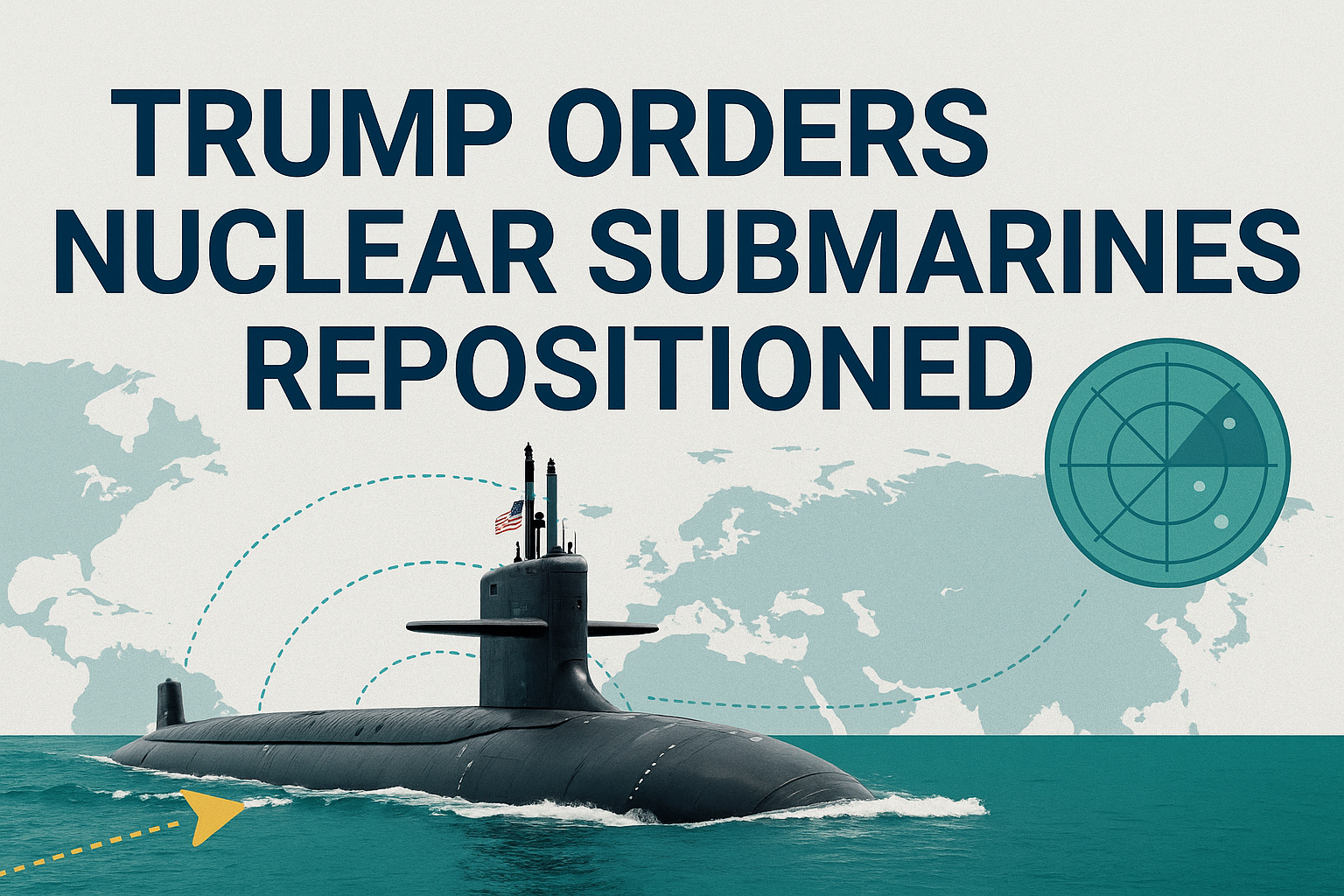 Banner image with headline “Trump Orders Nuclear Submarines Repositioned” in bold navy blue and gold, featuring a U.S. Navy cap, atomic symbol over a teal world map, and submarine — representing Trump orders nuclear submarines repositioned.