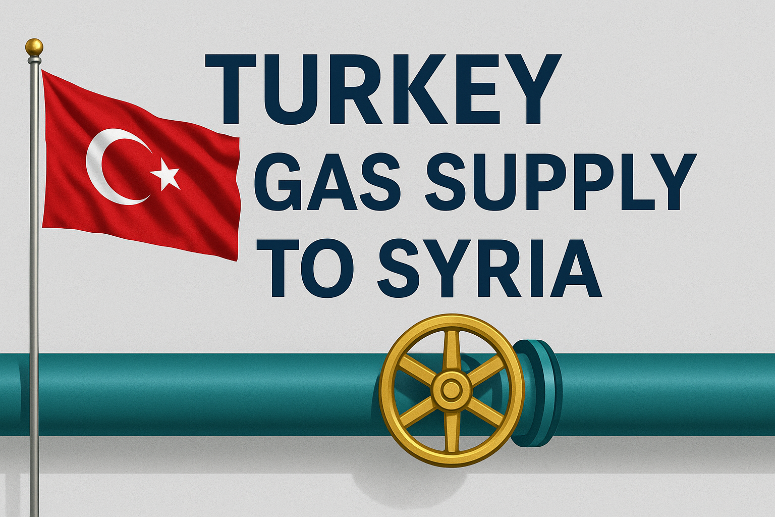 Banner image for article “Turkey supply gas to Syria” showing Turkish flag, teal gas pipeline, and golden valve in brand colors.