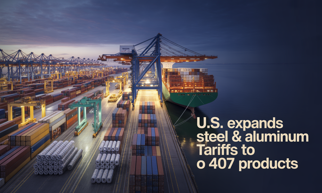 Banner image showing shipping containers and steel products for article on U.S. expands steel aluminum tariffs 407 products.