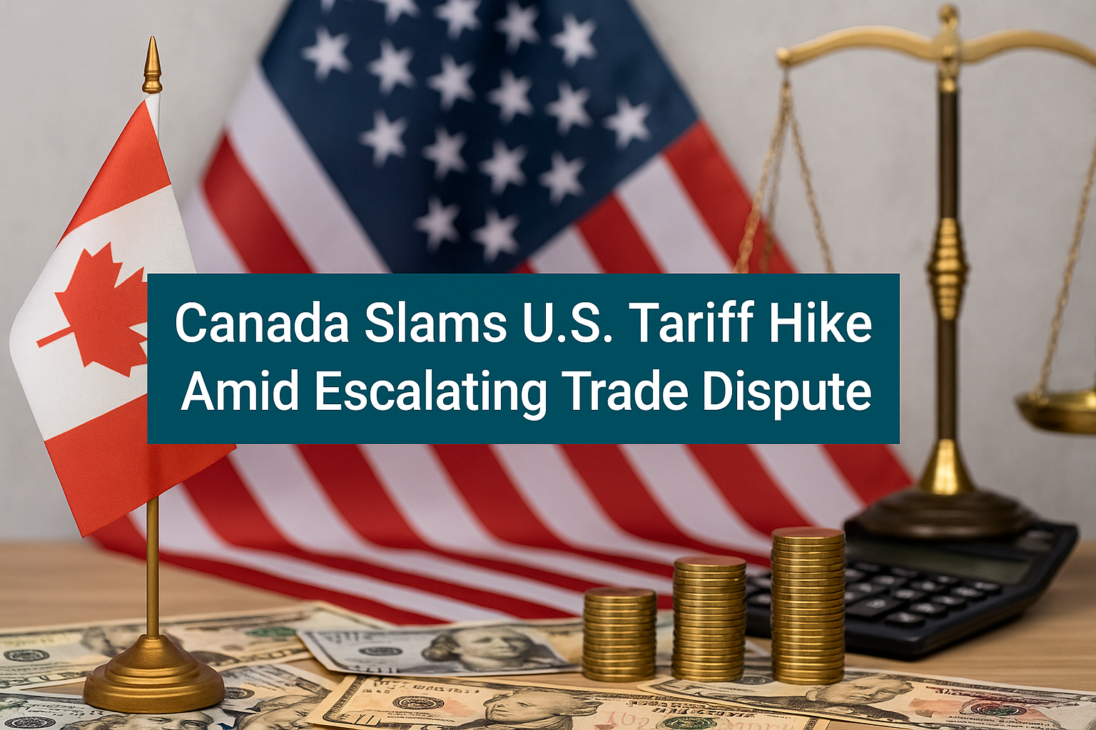 Banner image illustrating US Canada Tariff Hike with Canadian and American flags, coins, currency, and a scale, symbolizing economic trade tensions.
