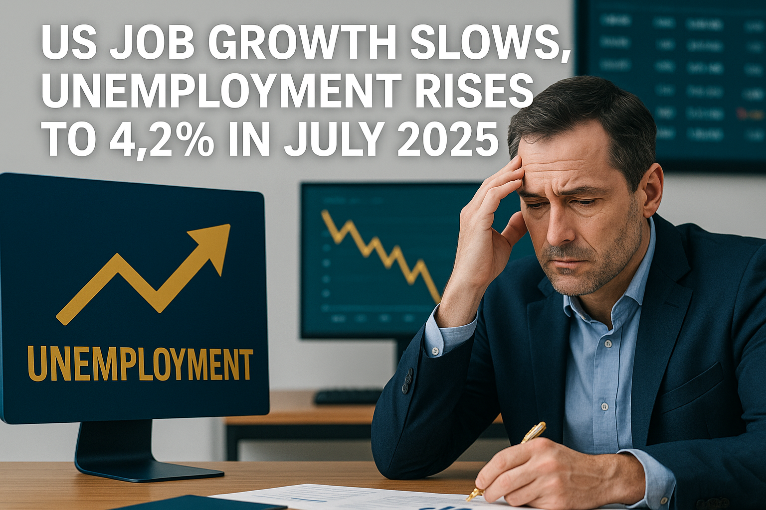 Banner image illustrating US job growth slowdown July 2025 with rising unemployment rate, featuring a concerned businessman reviewing economic data.