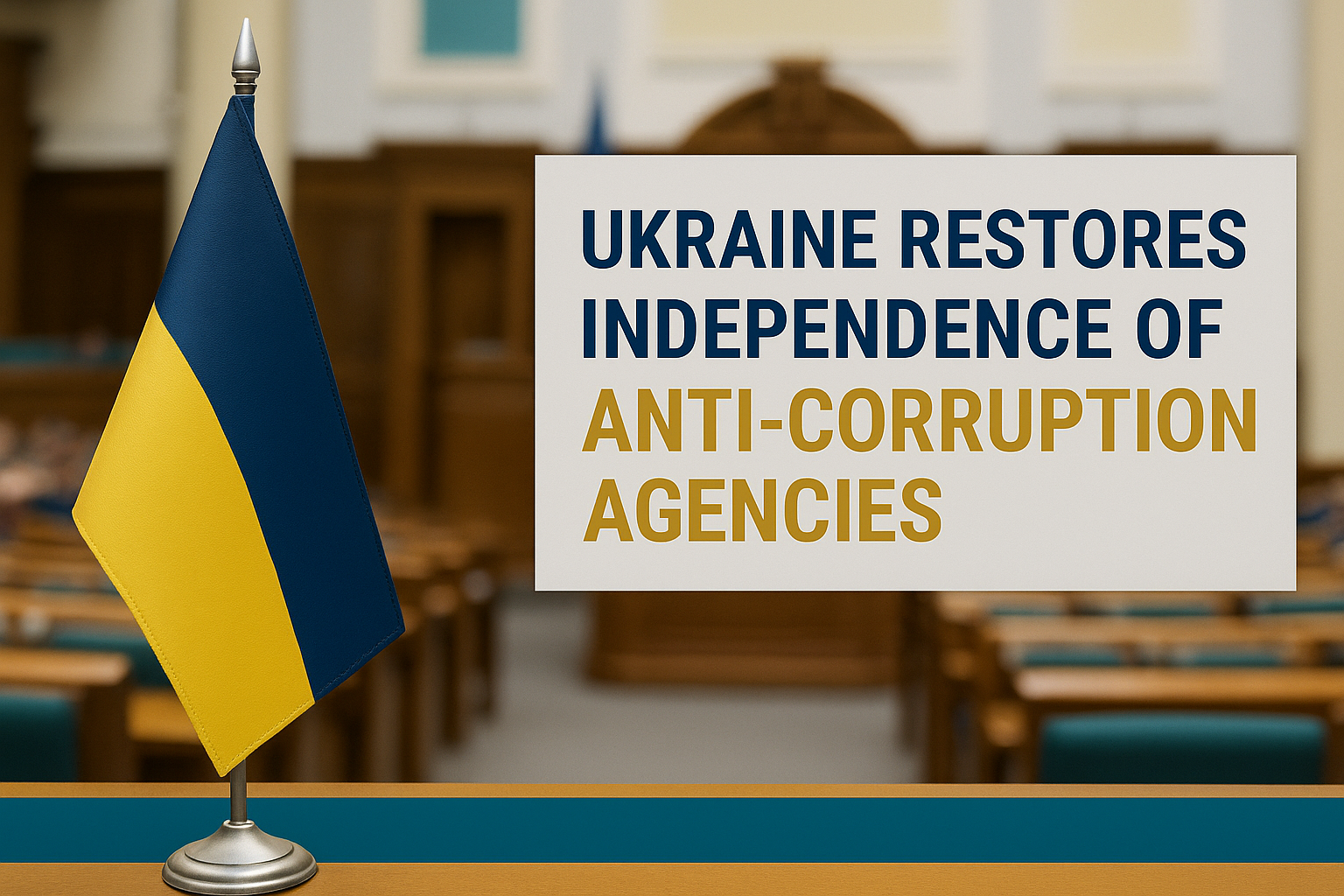 Ukraine restores independence of anti-corruption agencies banner with Ukrainian flag in navy blue and gold theme.
