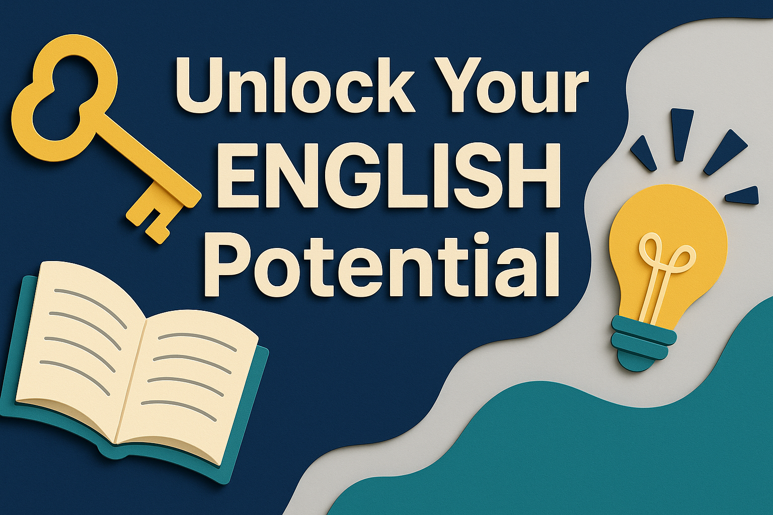 Wide 3D paper cut style banner with the phrase “Unlock Your English Potential,” featuring a golden key, open book, and glowing lightbulb in navy, gold, teal, and gray.