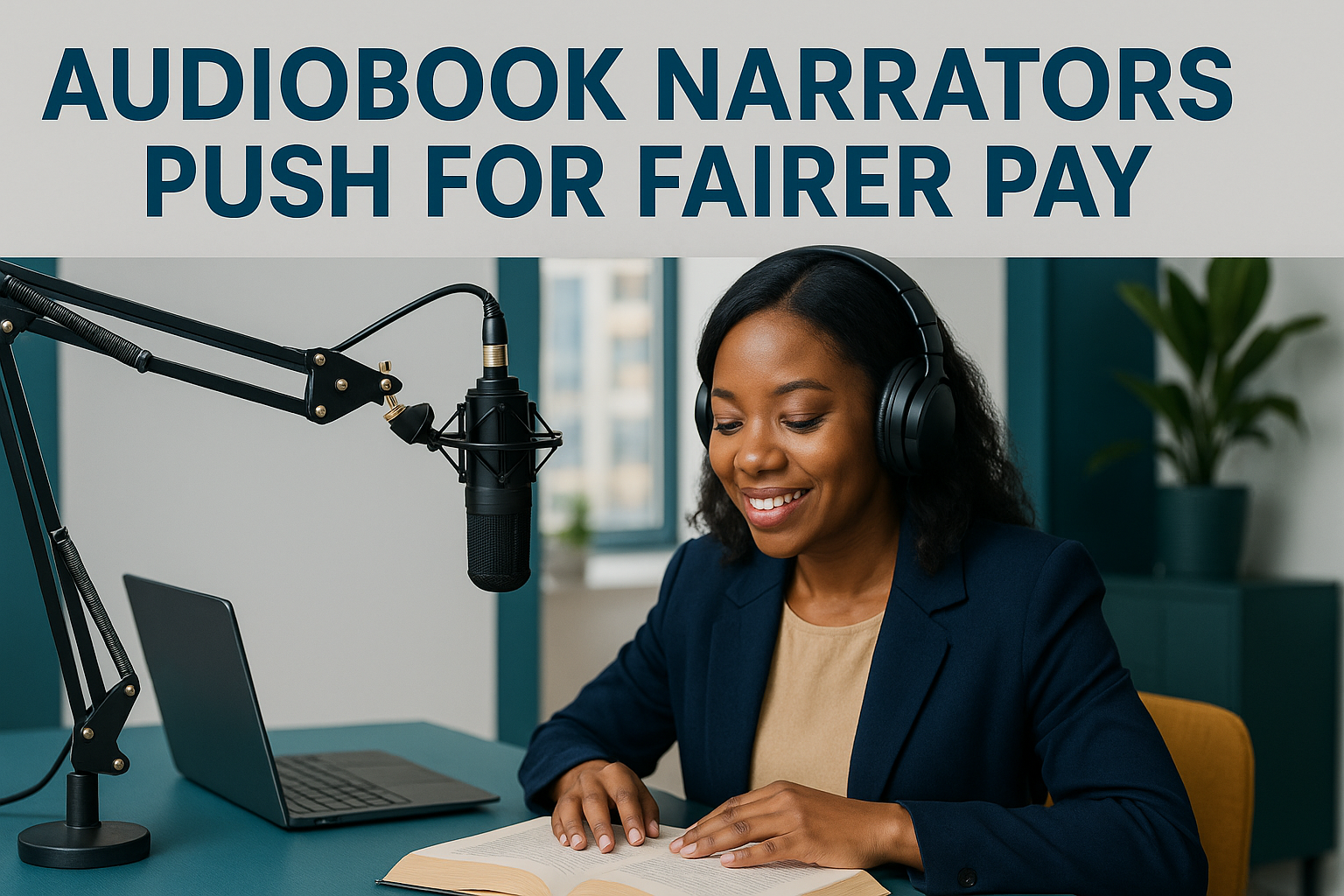 Professional audiobook narrator recording in a modern studio, symbolizing the audiobook narrator pay debate.