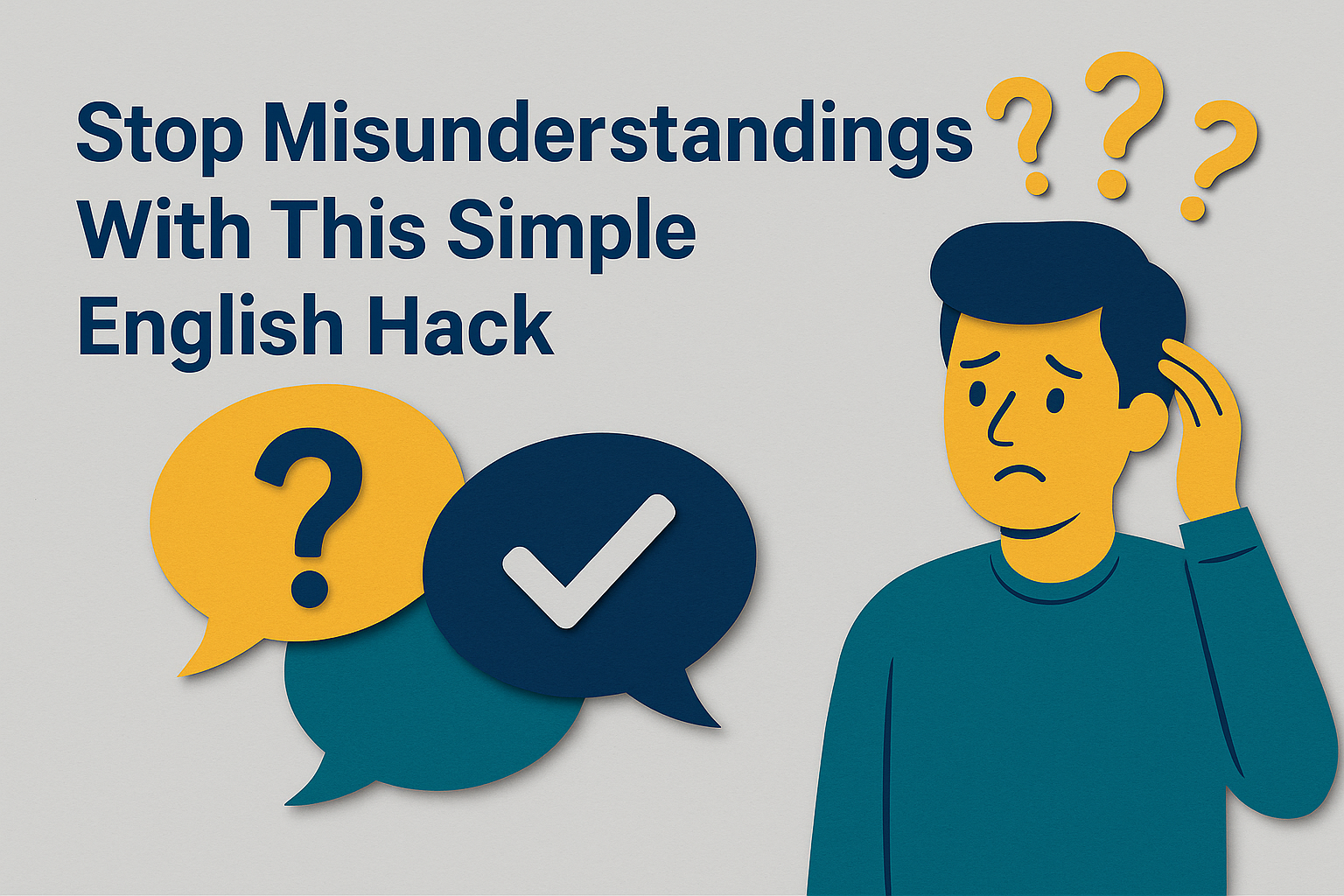 Banner image with title “Stop Misunderstandings With This Simple English Hack” in a clean 3D paper-cut style, designed to visually support content on how to avoid misunderstandings in English.