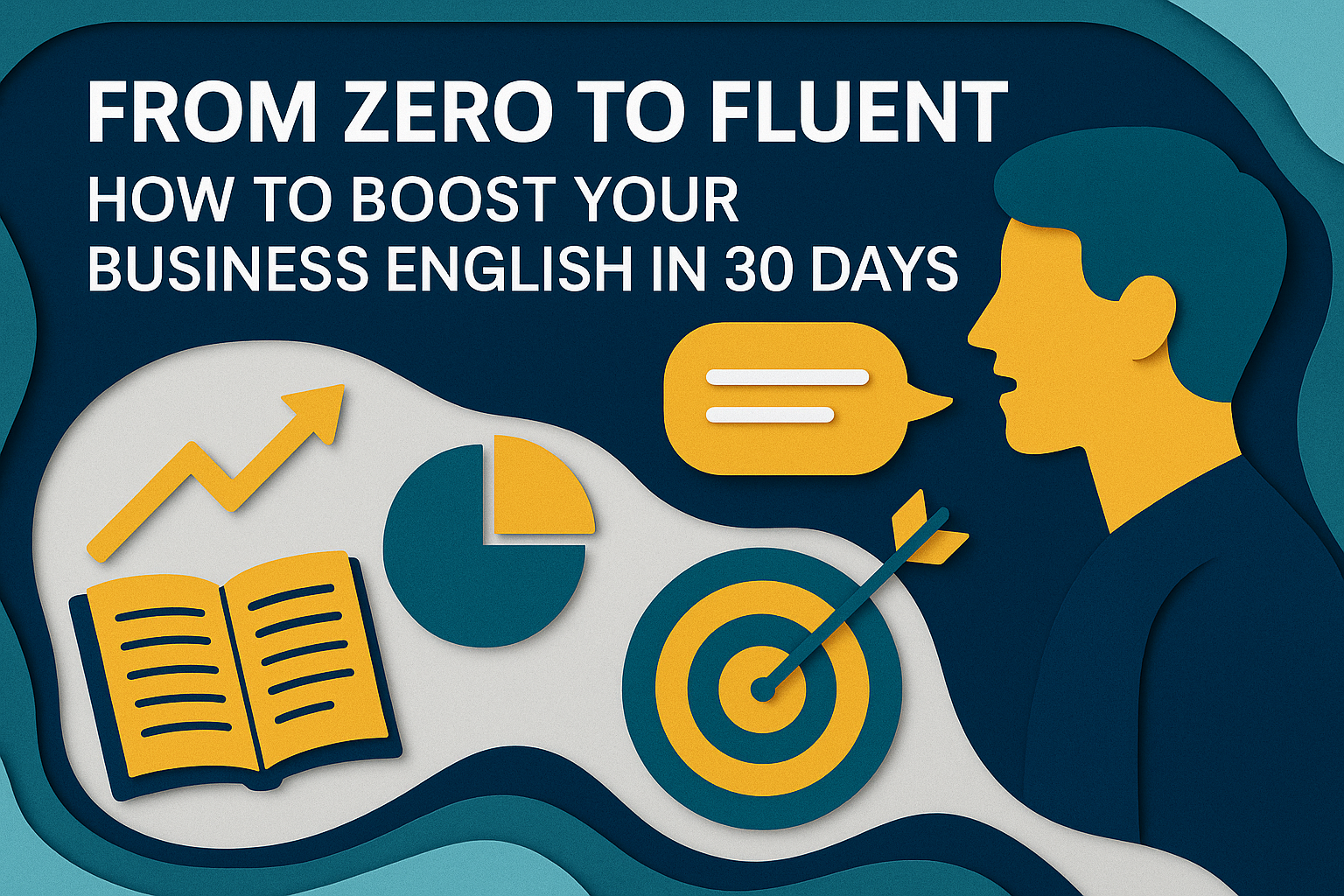 3D paper cut style banner showing a professional speaking with icons of a book, chart, target, and speech bubble, illustrating how to boost your business English in 30 days.