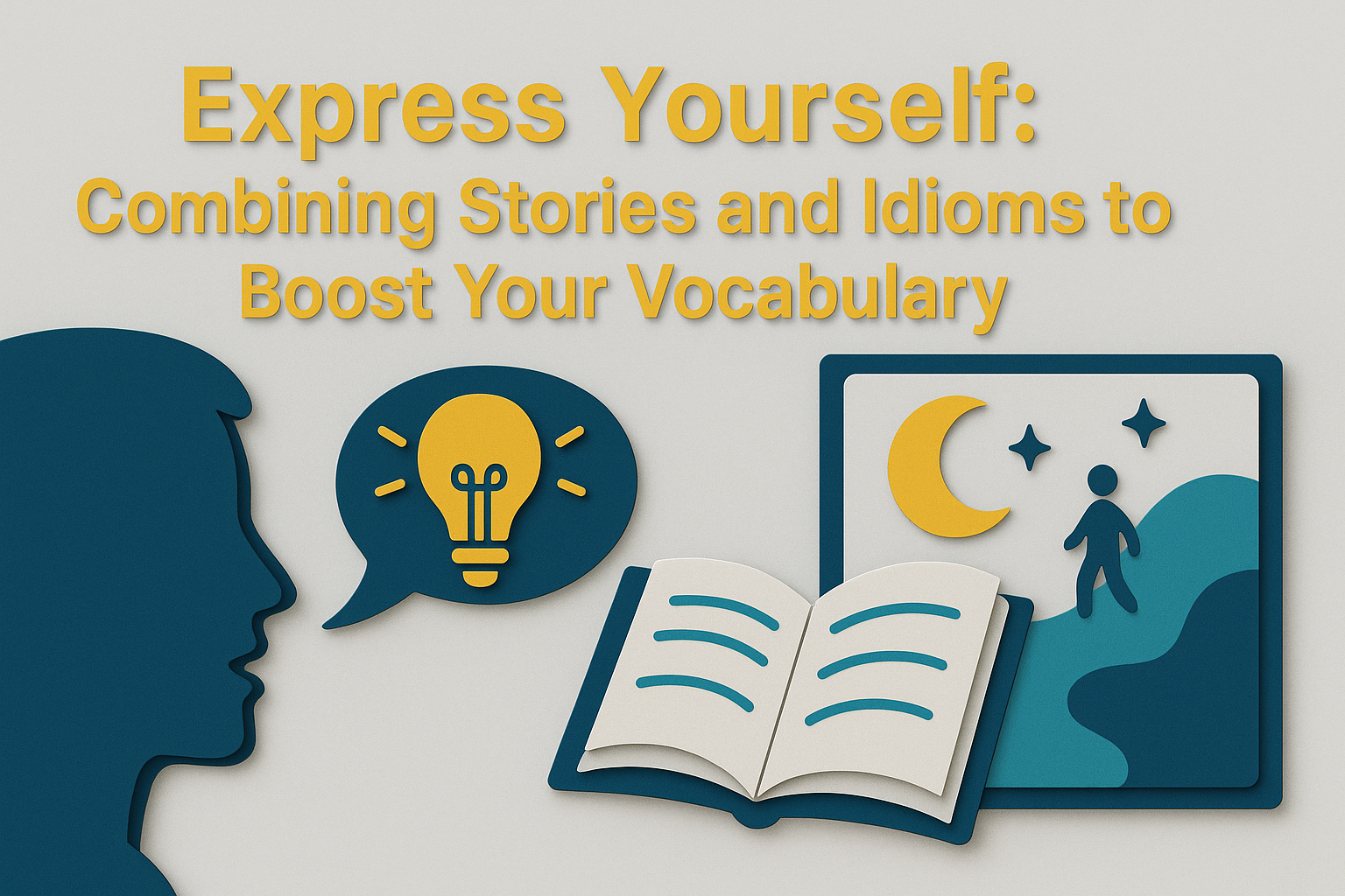 Wide 3D paper cut art banner showing a teal silhouette speaking, with a gold lightbulb, an open navy-and-gray book, and a storytelling scene. Title text reads “Express Yourself: Combining Stories and Idioms to Boost Your Vocabulary.”