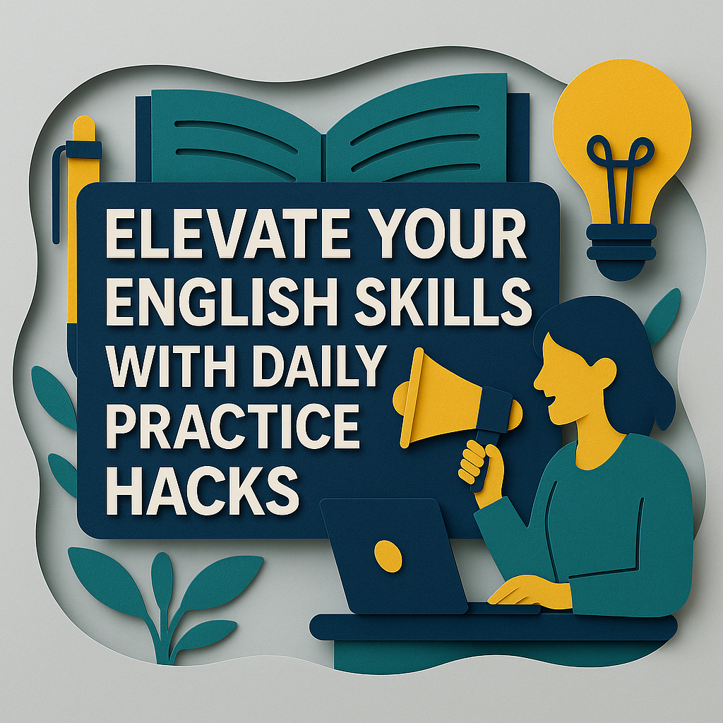 3D paper cut art banner with the title “Elevate Your English Skills with Daily English Practice Hacks” in bold Roboto font, using navy blue, soft gold, light gray, and teal brand colors, featuring icons of a laptop, megaphone, open book, and lightbulb.