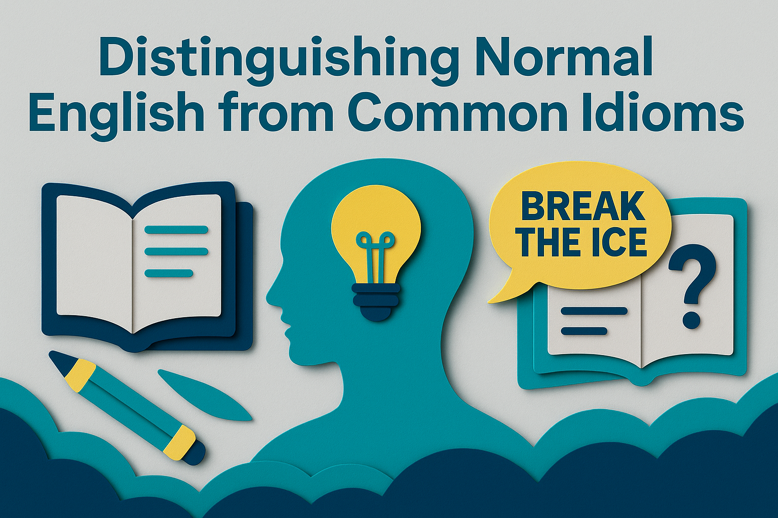 3D paper cut banner image illustrating the concept of distinguishing normal English from common idioms, using books, idiom bubbles, and a head silhouette with a lightbulb, in brand colors.