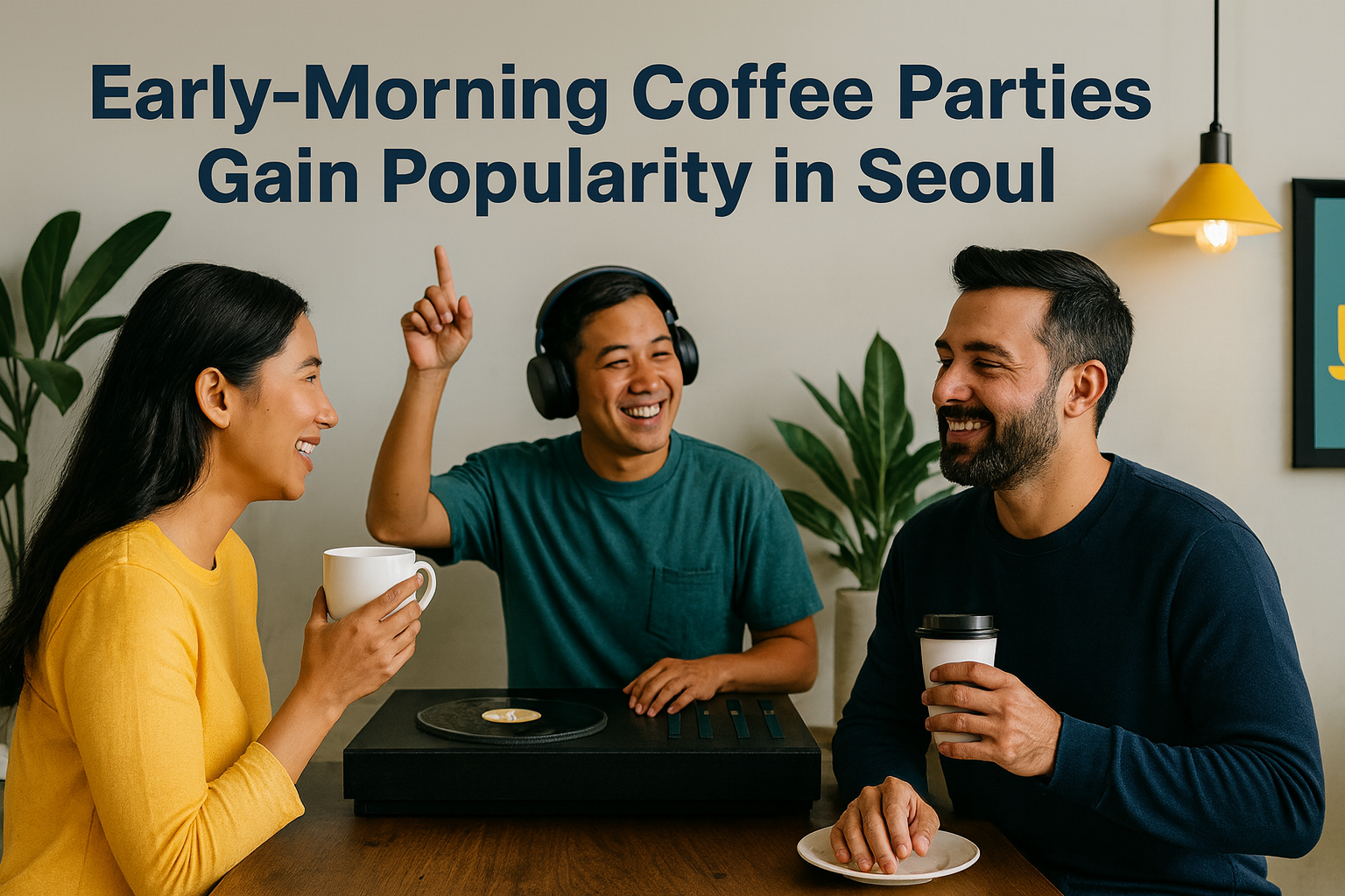 Wide photographic banner for “Early-Morning Coffee Parties in Seoul” showing a lively café scene with people enjoying coffee, chatting, and listening to a DJ, in natural daylight with brand colors Navy Blue, Soft Gold, Light Gray, and Teal subtly integrated.