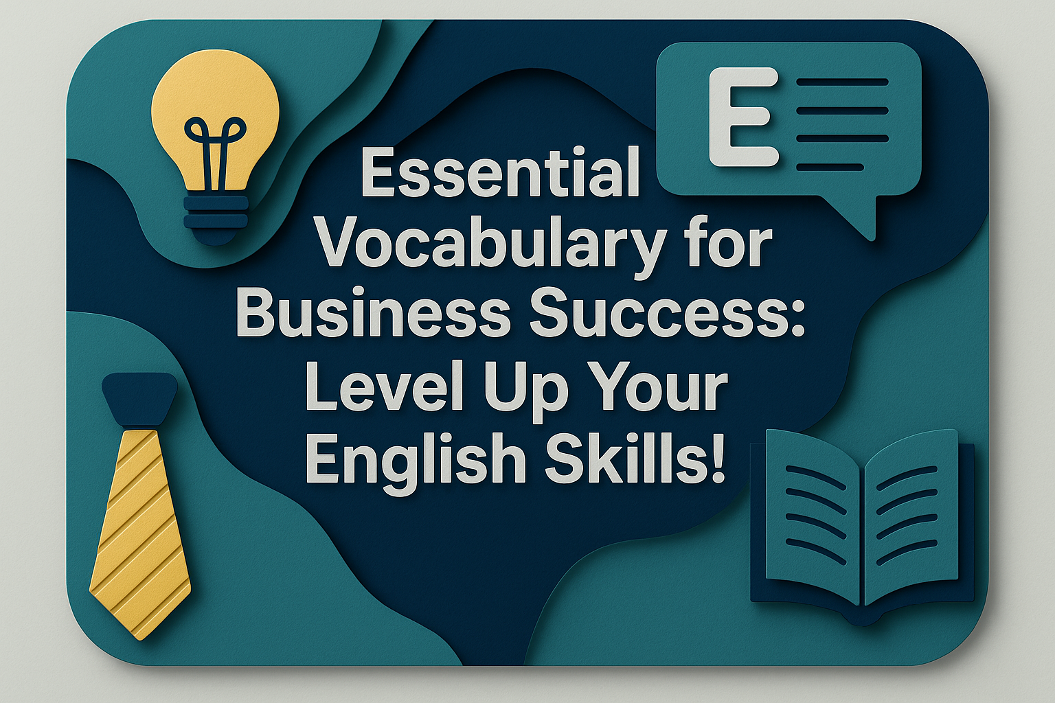 Wide banner image in 3D paper cut art style featuring the title “Essential Vocabulary for Business Success: Level Up Your English Skills!” in Roboto Bold, with layered navy blue, teal, and soft gold elements including a tie, lightbulb, book, and speech bubble.