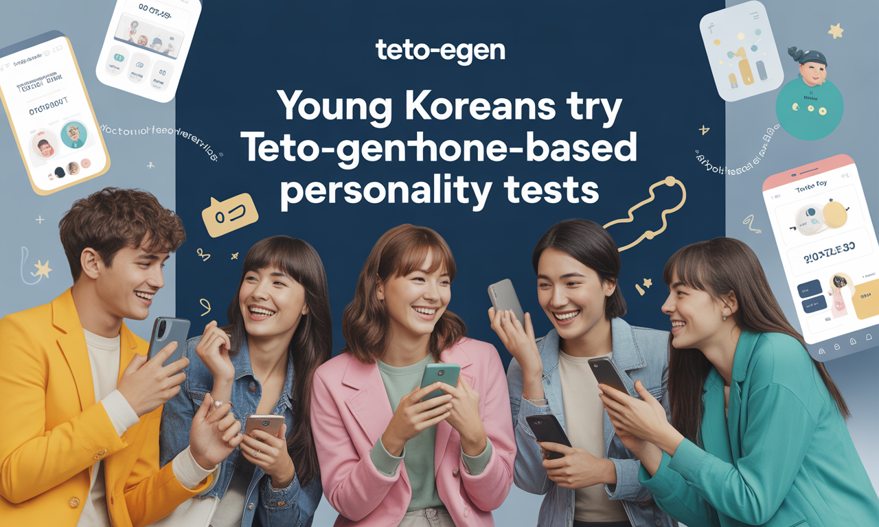 Wide banner image of young Koreans in a café taking hormone-based personality tests, with brand colors and playful design elements.