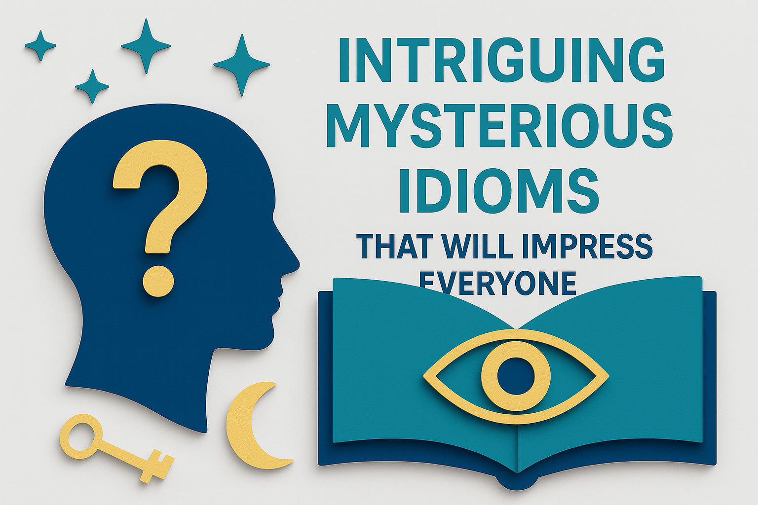3D paper cut art banner for the article “Intriguing Mysterious Idioms That Will Impress Everyone,” featuring a navy blue head silhouette with a gold question mark, teal stars, and an open book with a gold eye.