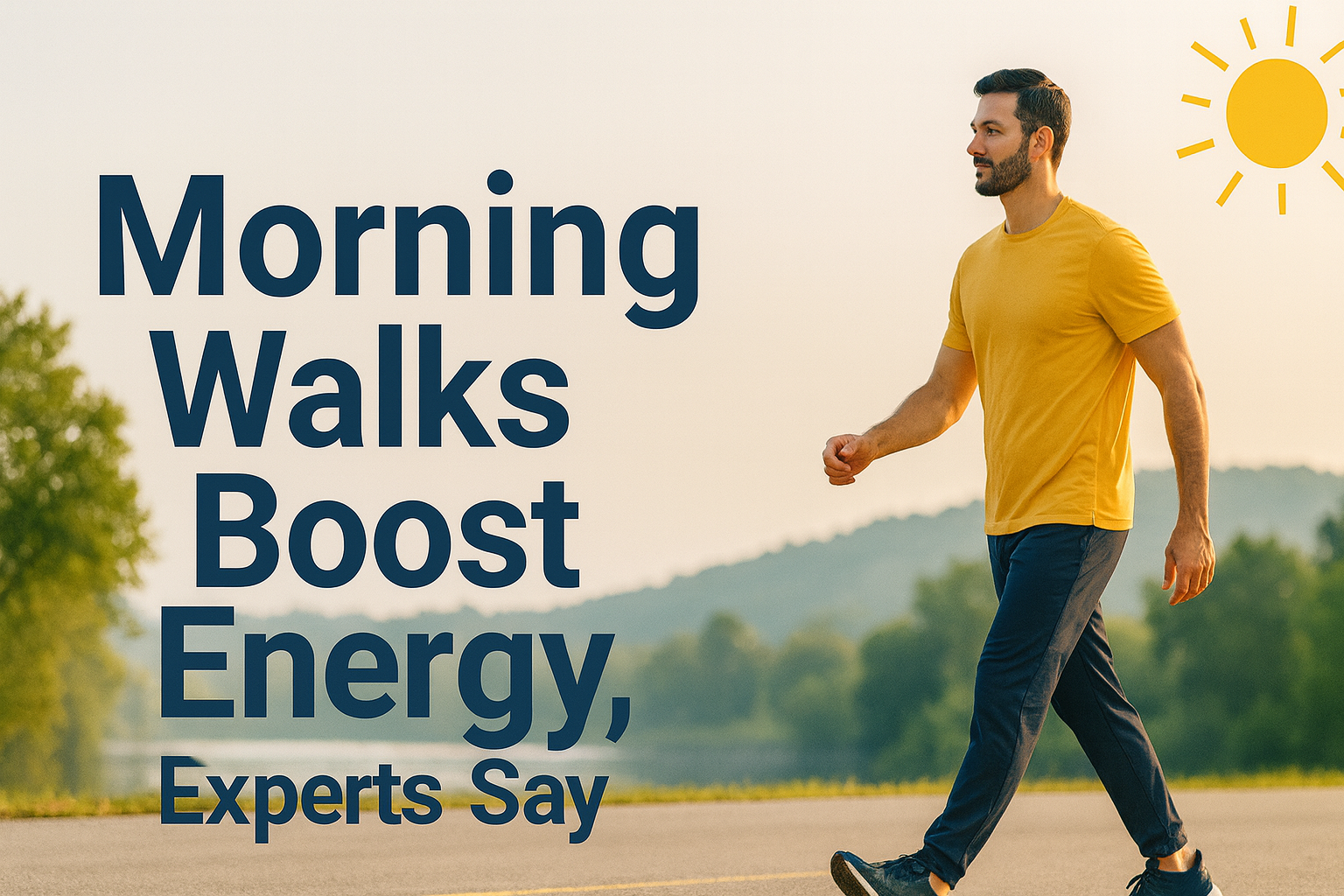 Photographic wide banner for “Morning Walks Boost Energy” showing a man walking briskly on a scenic path in early morning light, with brand colors Navy Blue, Soft Gold, Light Gray, and Teal.